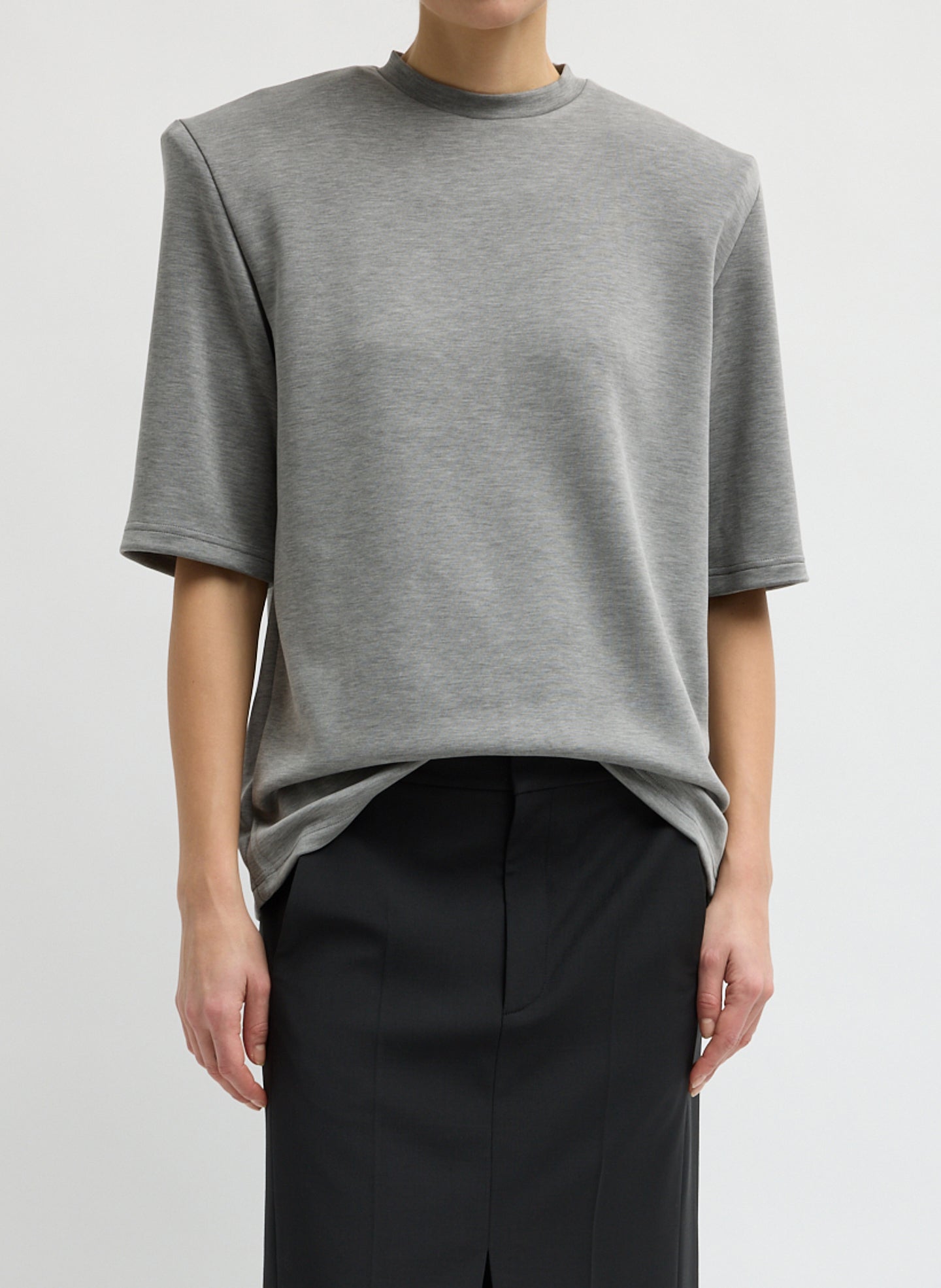 Grey Feather Weight Viscose Neoprene Removable Shoulder Pad Top - short sleeve t-shirt, front view on model