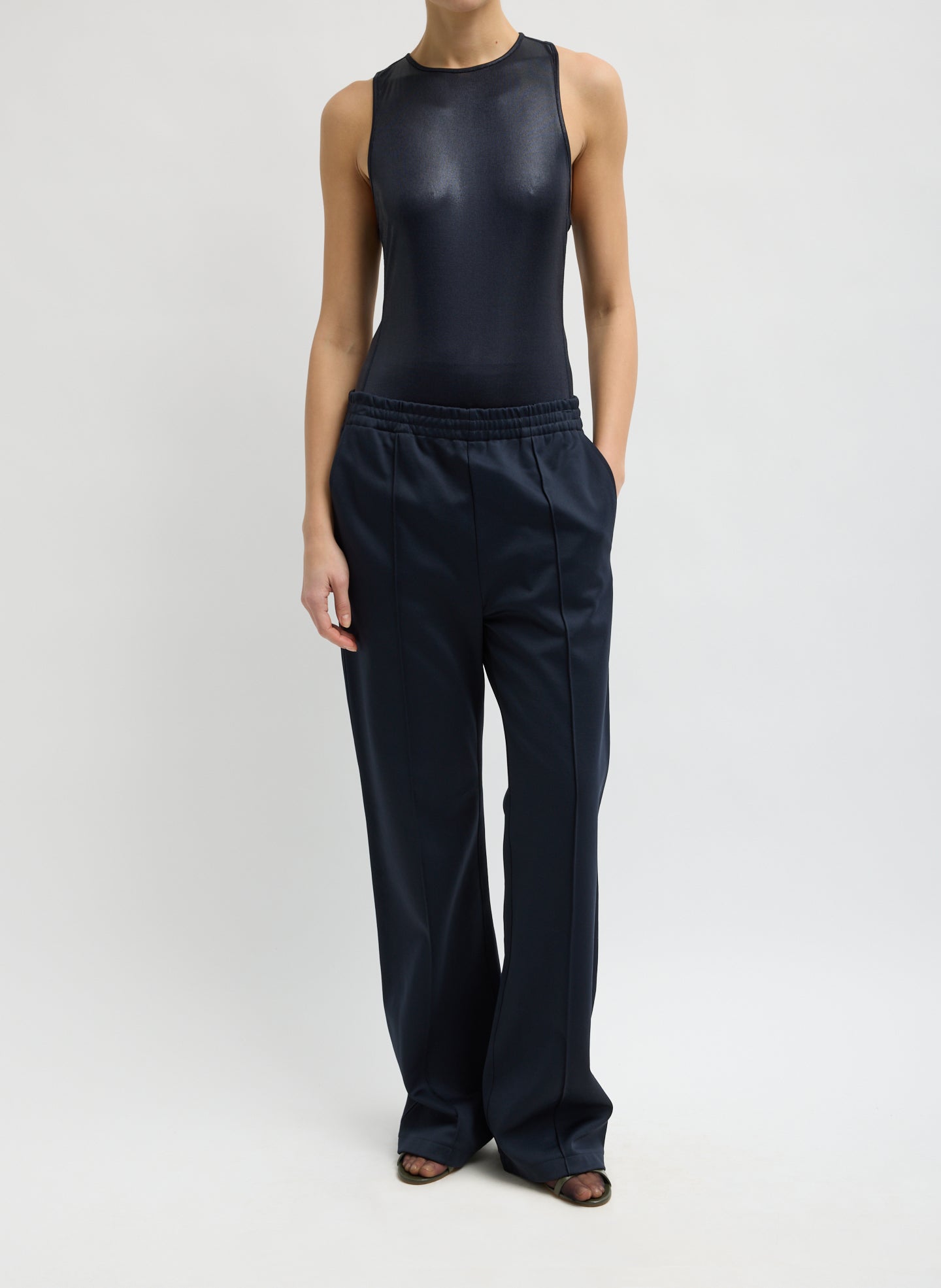 Navy Metallic Knit Crewneck Racerback Bodysuit - full look, front view on model