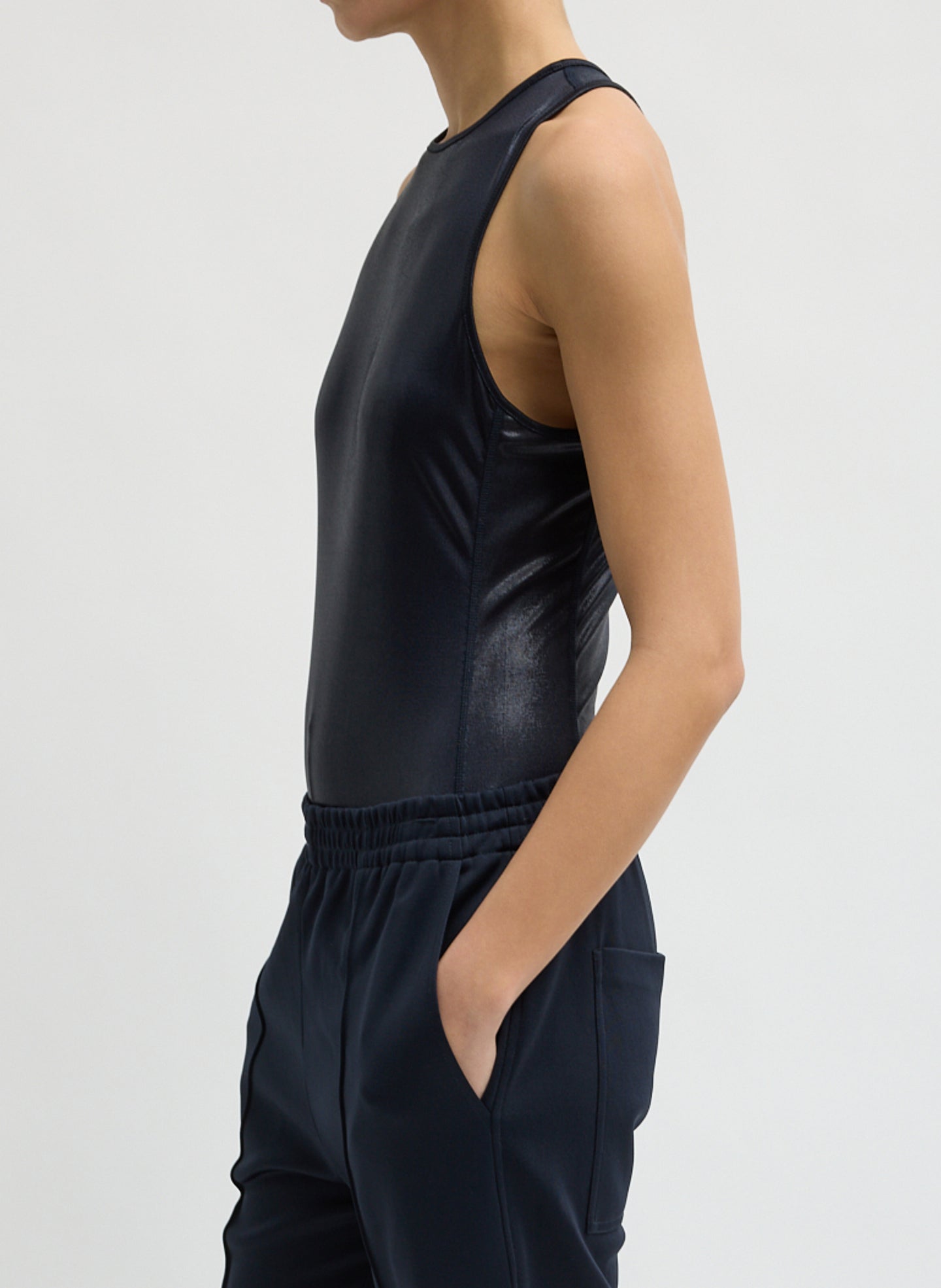 Navy Metallic Knit Crewneck Racerback Bodysuit - side view on model