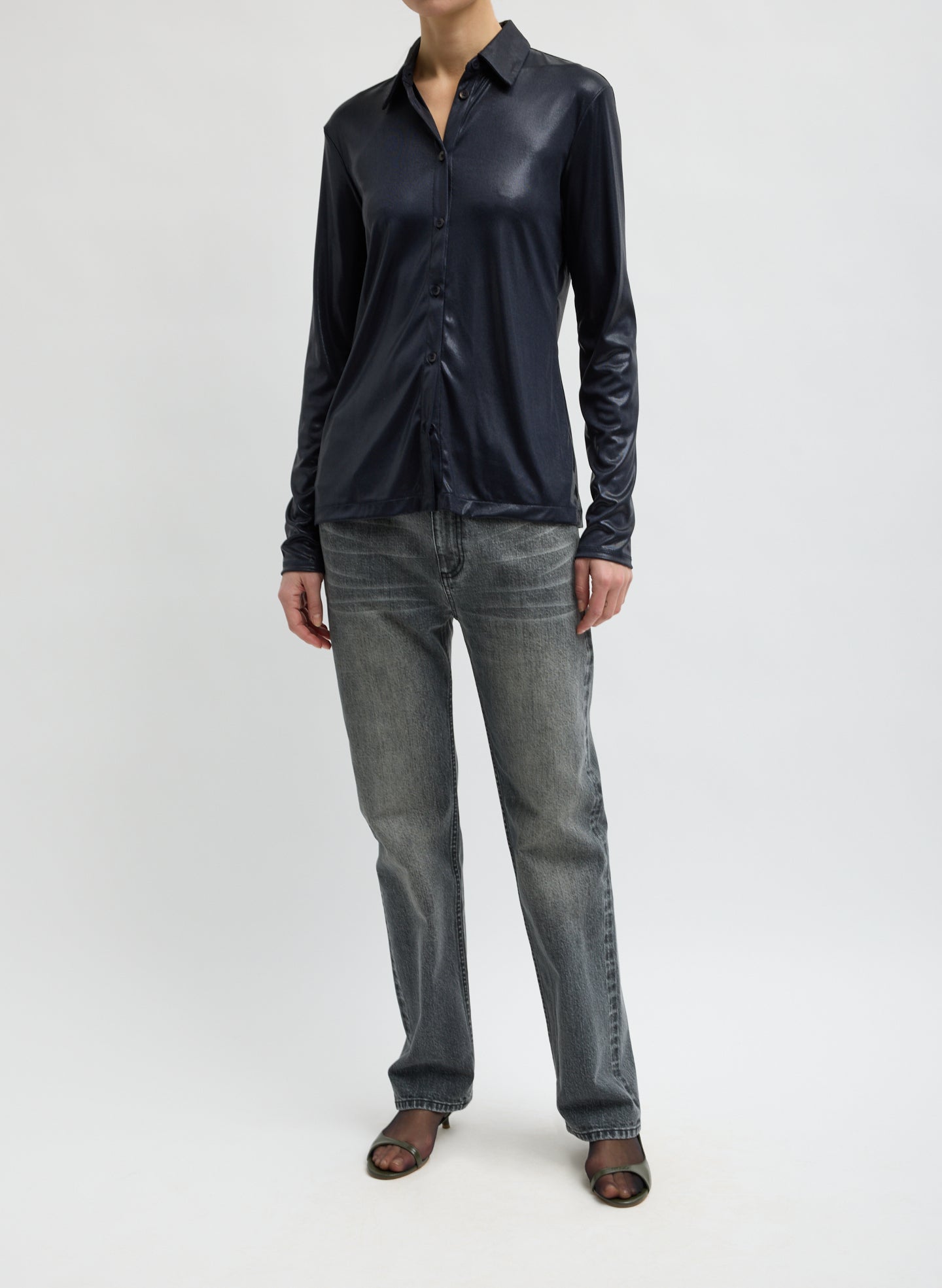 Navy Metallic Knit Slim Long Sleeve Shirt - full look, front view on model