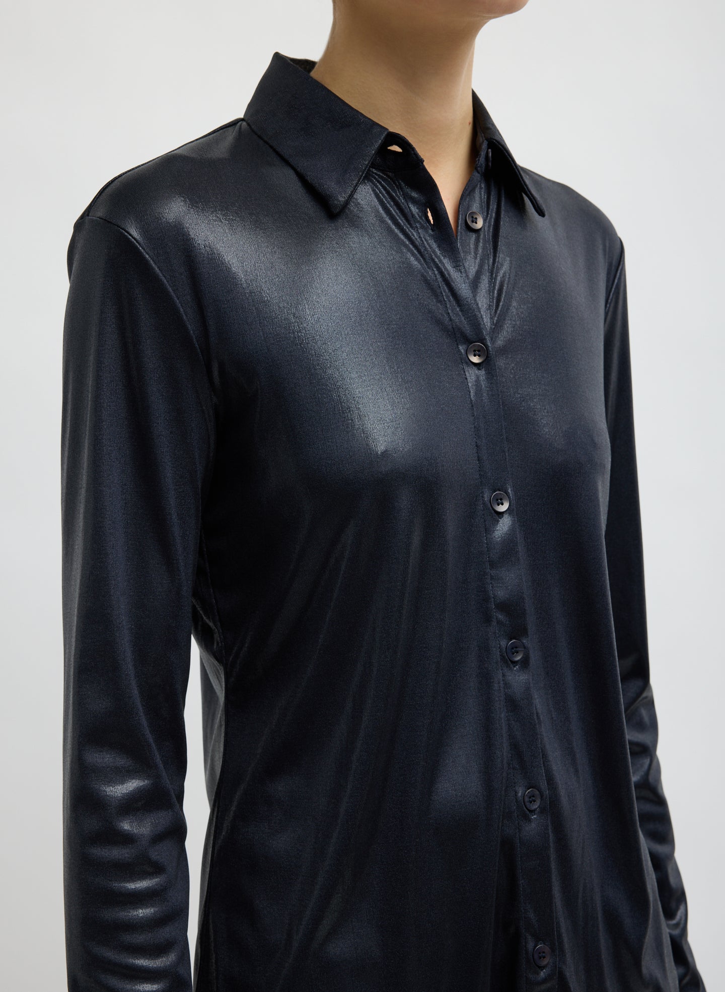 Navy Metallic Knit Slim Long Sleeve Shirt - detail shot