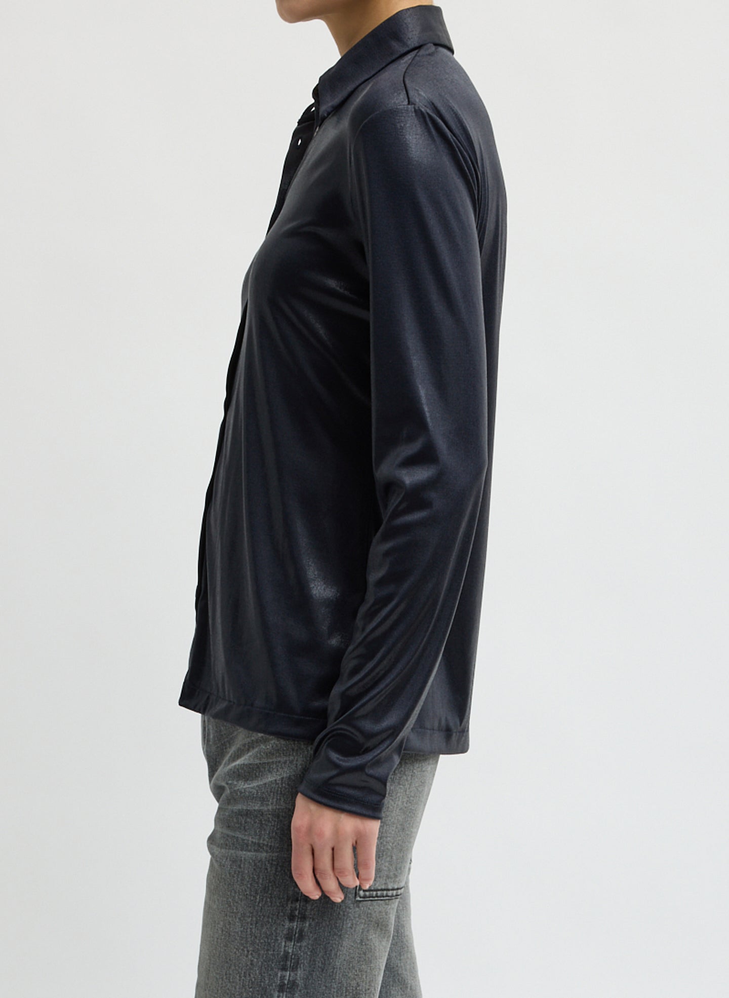 Navy Metallic Knit Slim Long Sleeve Shirt - button down top, side view on model