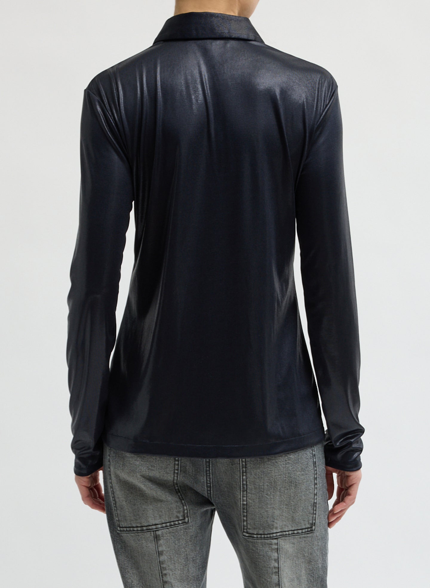 Navy Metallic Knit Slim Long Sleeve Shirt - button down top, back view on model