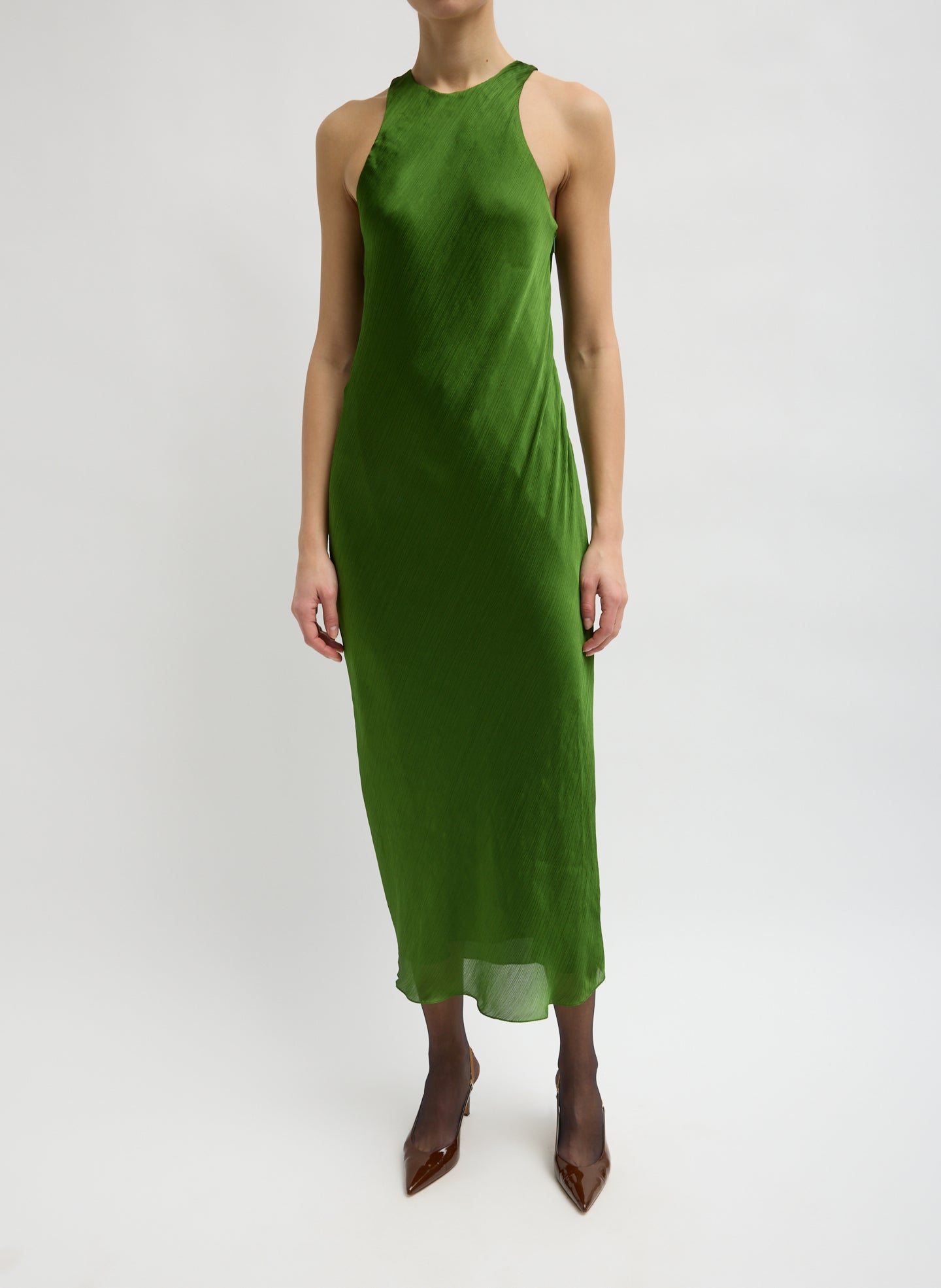 Matte Satin Plisse Midi Bias Dress - Green Matte Satin Plisse Midi Bias Dress - front view on model