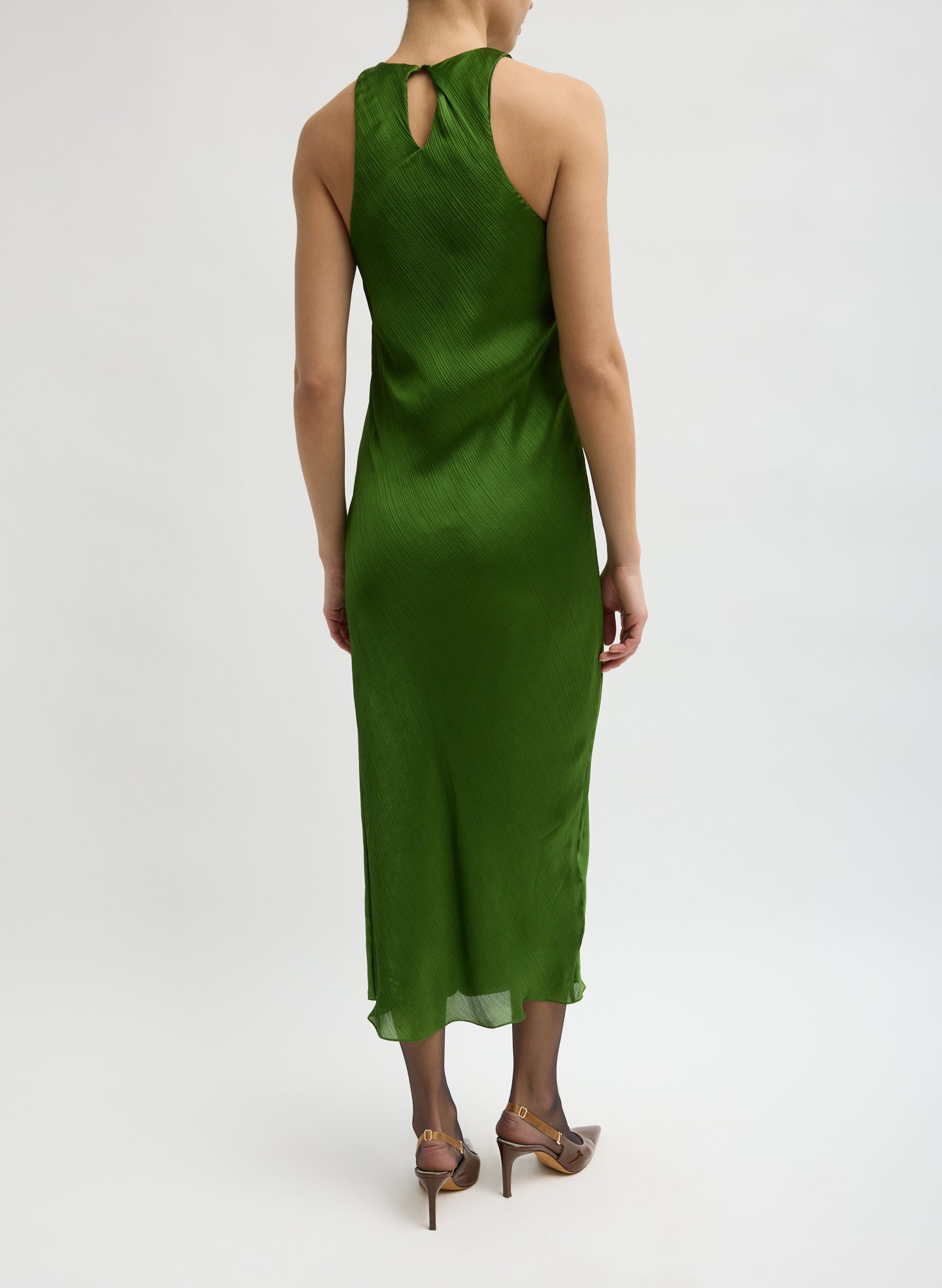 Green Matte Satin Plisse Midi Bias Dress - back view on model