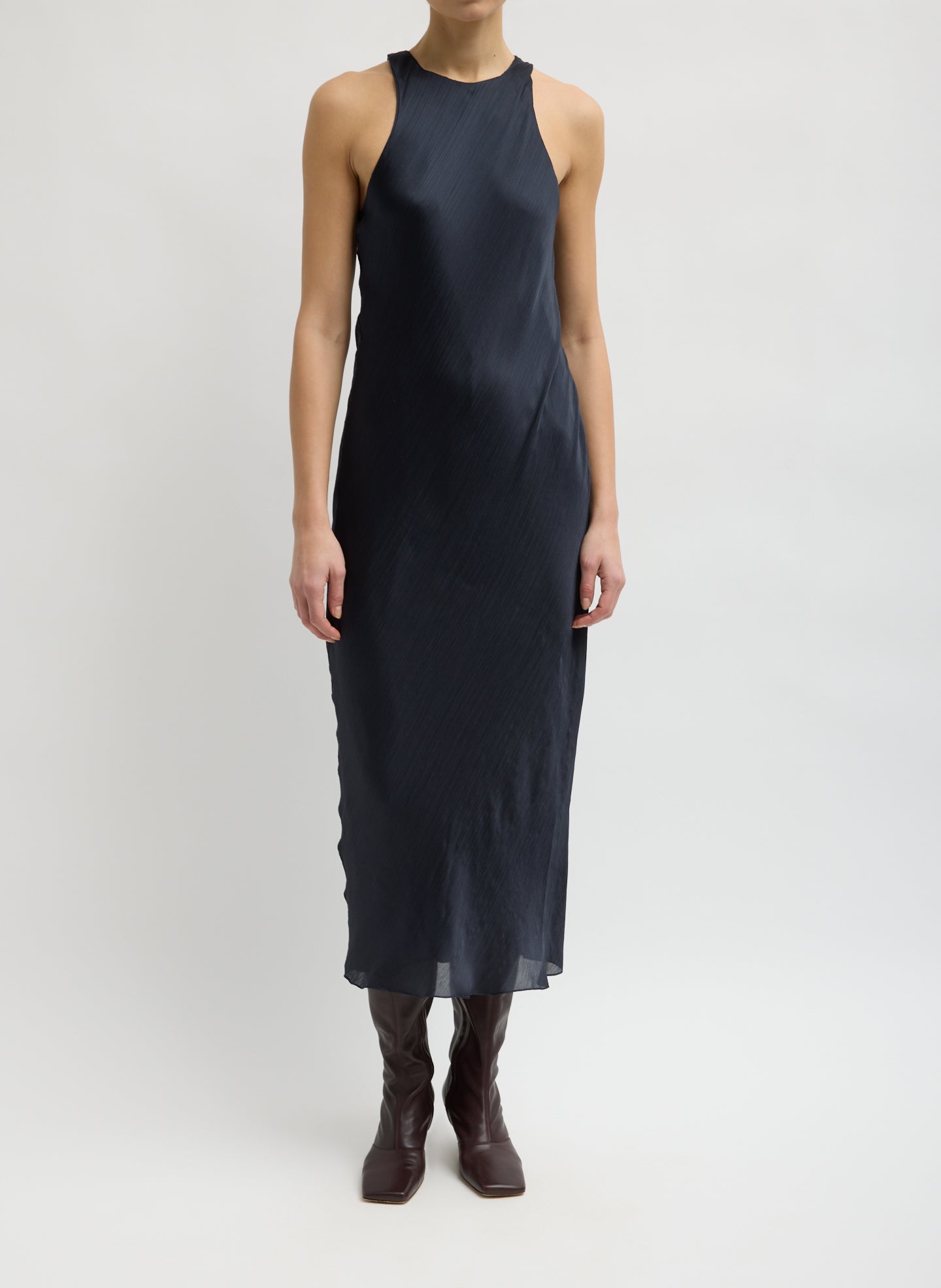 Navy Matte Satin Plisse Midi Bias Dress - front view on model
