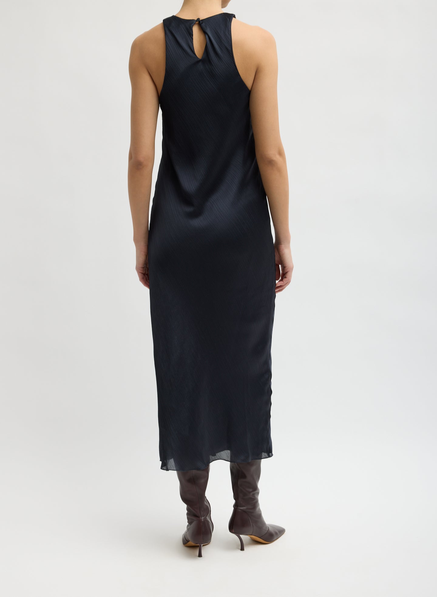 Navy Matte Satin Plisse Midi Bias Dress - back view on model