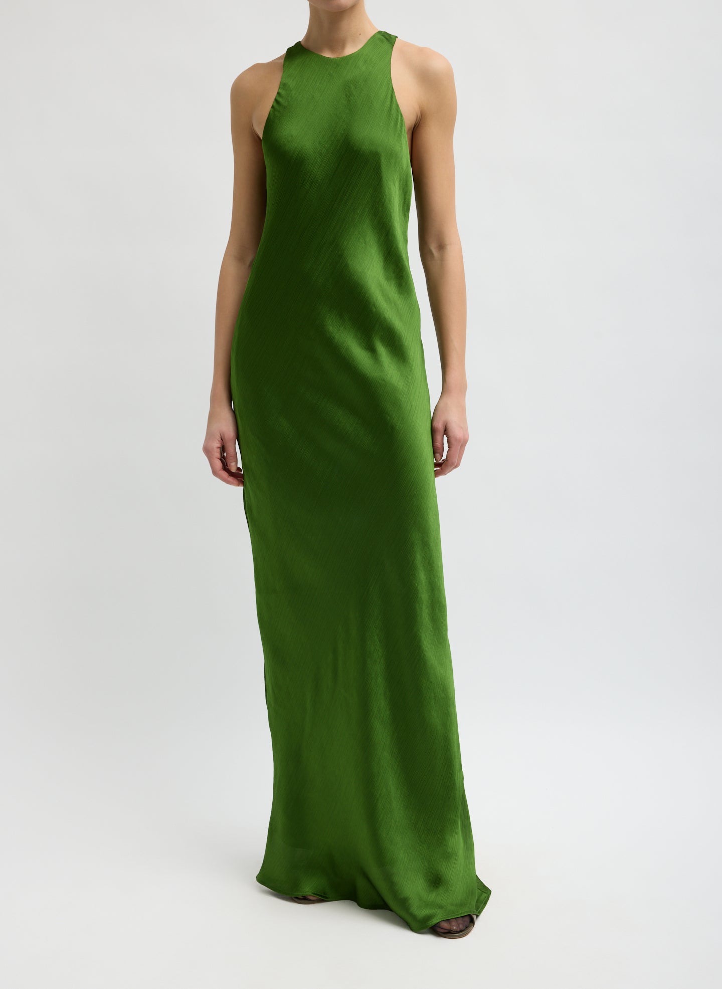 Matte Satin Plisse Maxi Bias Dress - Green Matte Satin Plisse Maxi Bias Dress - front view on model