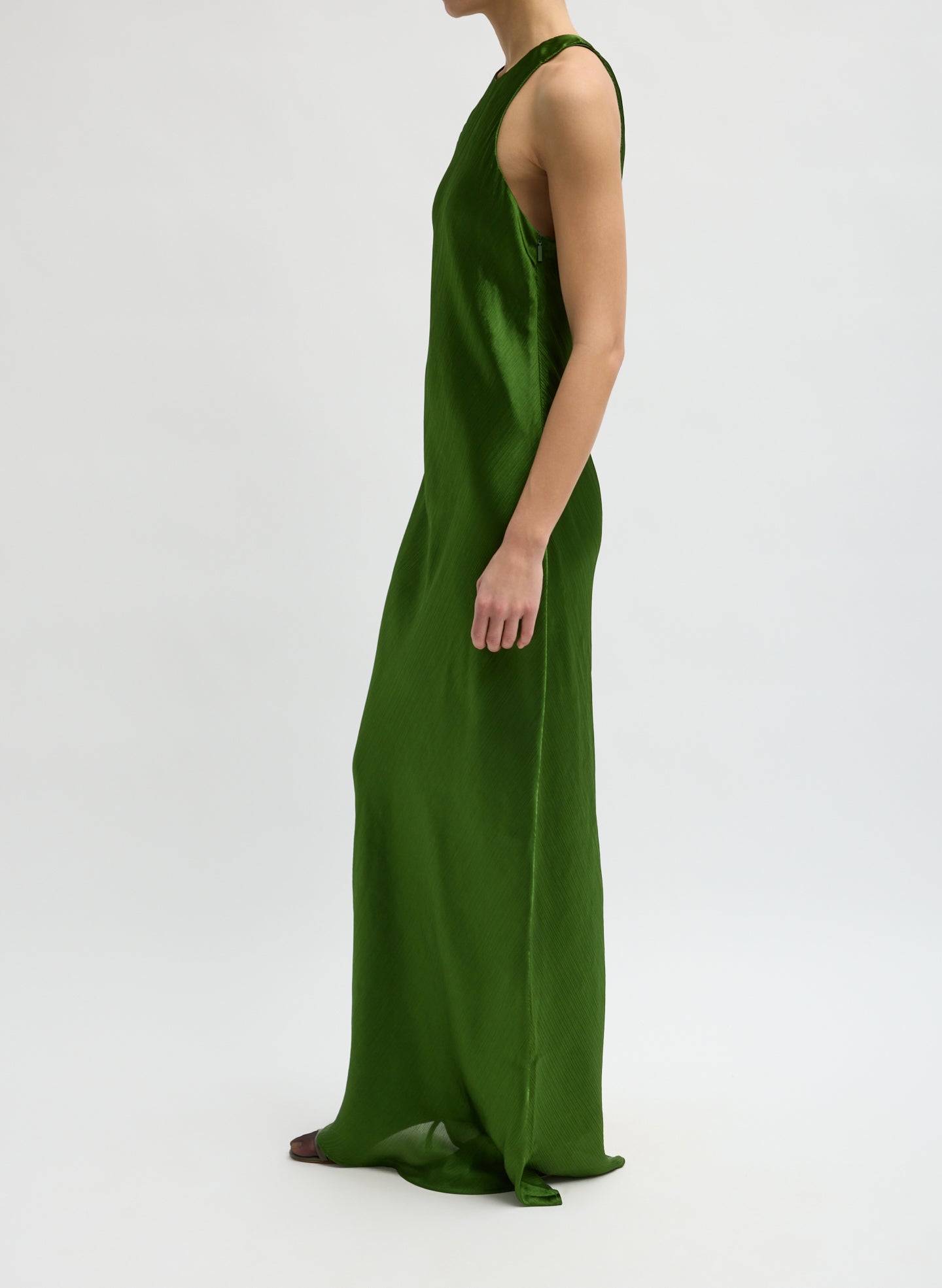 Green Matte Satin Plisse Maxi Bias Dress - side view on model