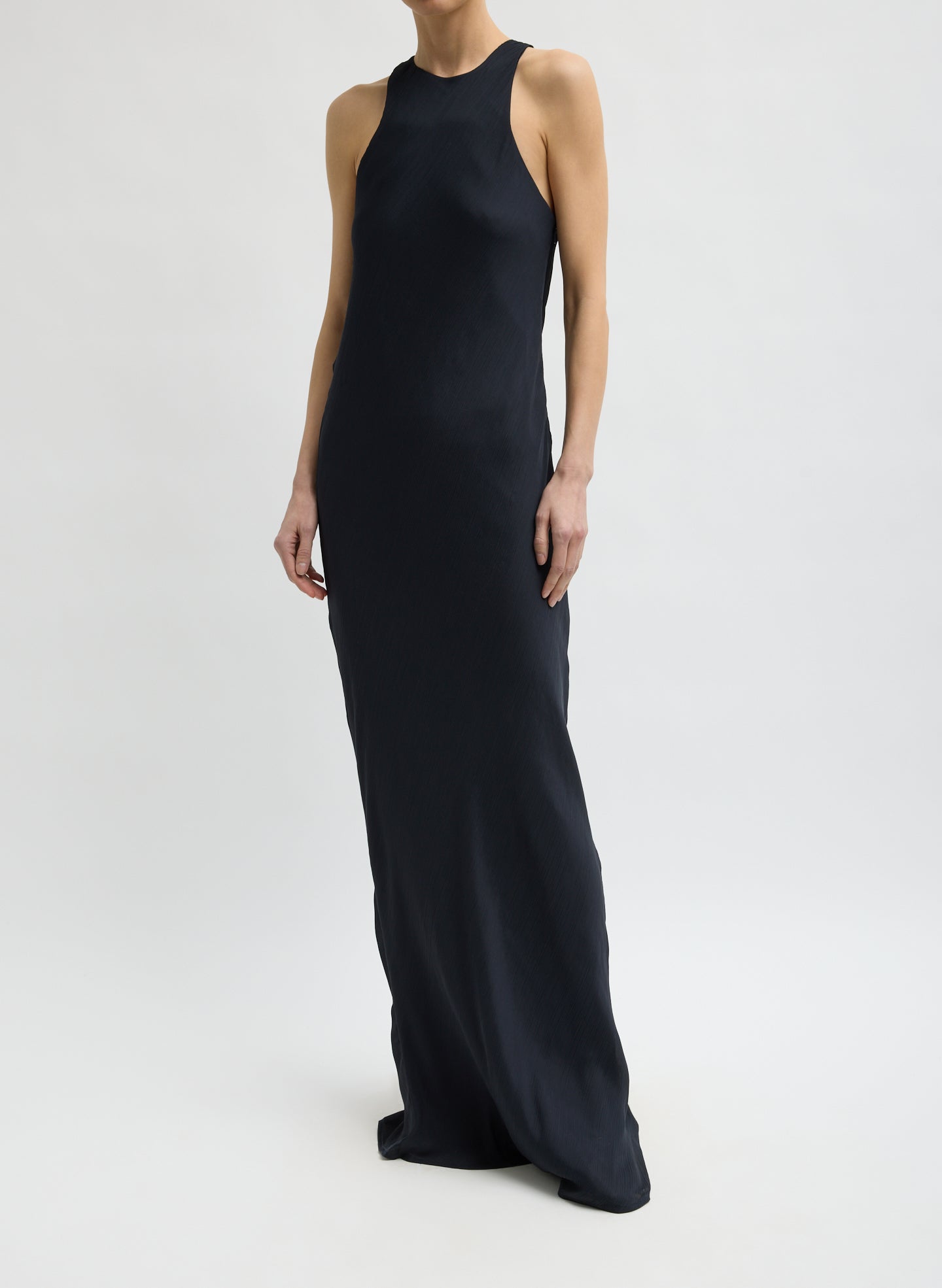 Matte Satin Plisse Maxi Bias Dress - Navy Matte Satin Plisse Maxi Bias Dress - front view on model
