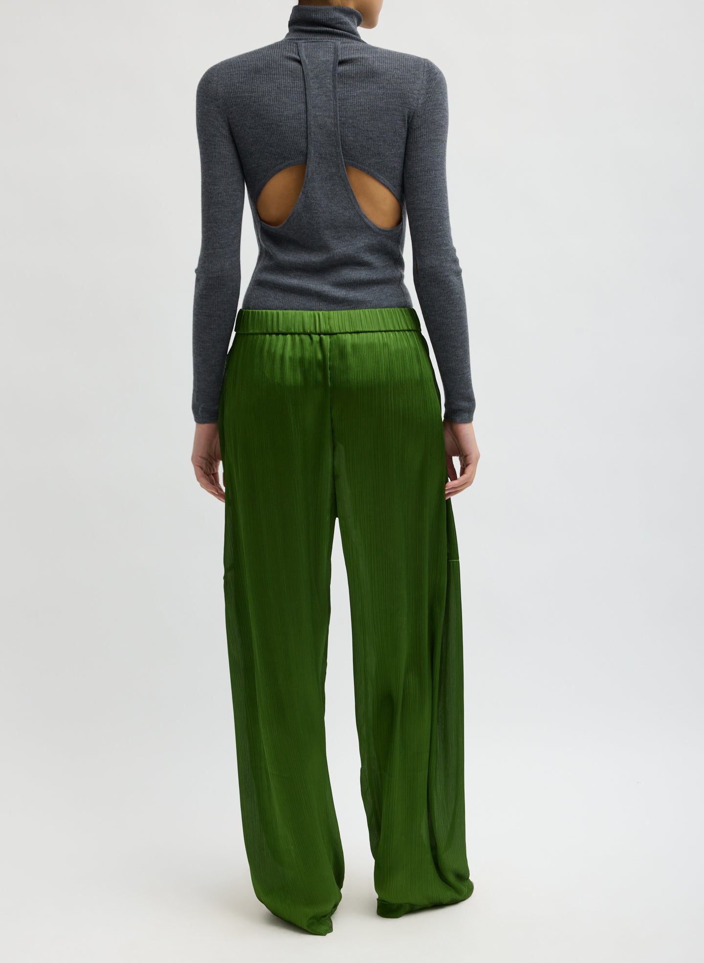Green Matte Satin Plisse Winslow Pant - barrel leg satin pant, back view on model