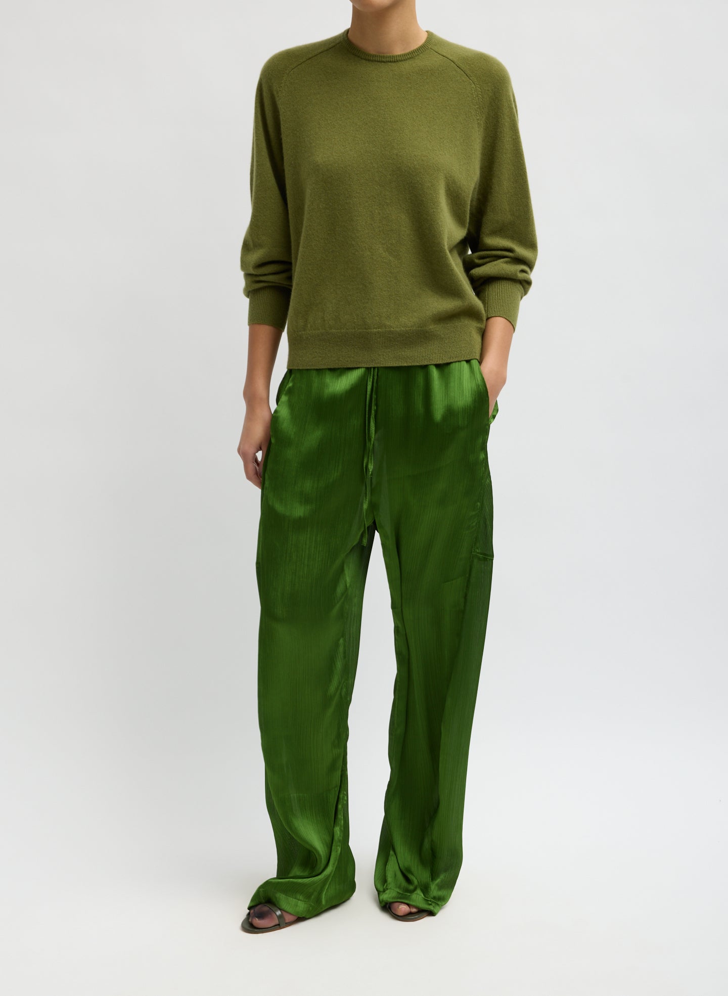 Green Feather Weight Cashmere Sweater - full look, front view on model