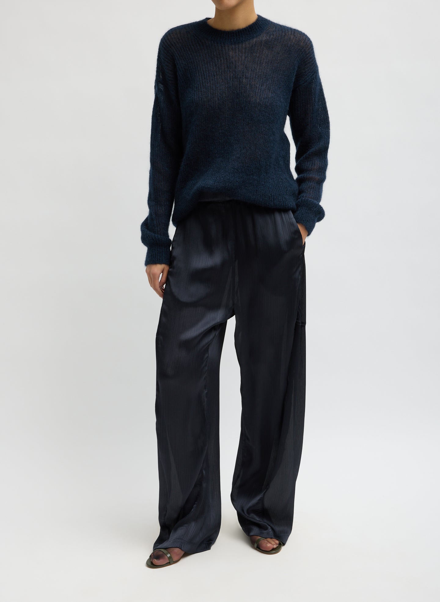Matte Satin Plisse Winslow Pant - Navy Matte Satin Plisse Winslow Pant - barrel leg satin pant, front view on model