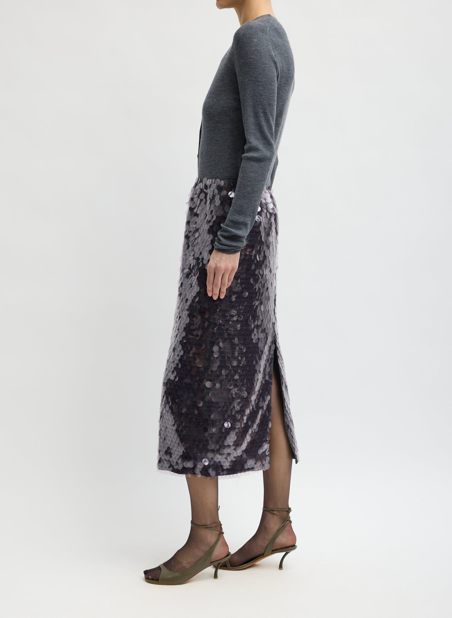 Lavender Grey Pastille Slip Skirt - purple sequin midi skirt, side view on model