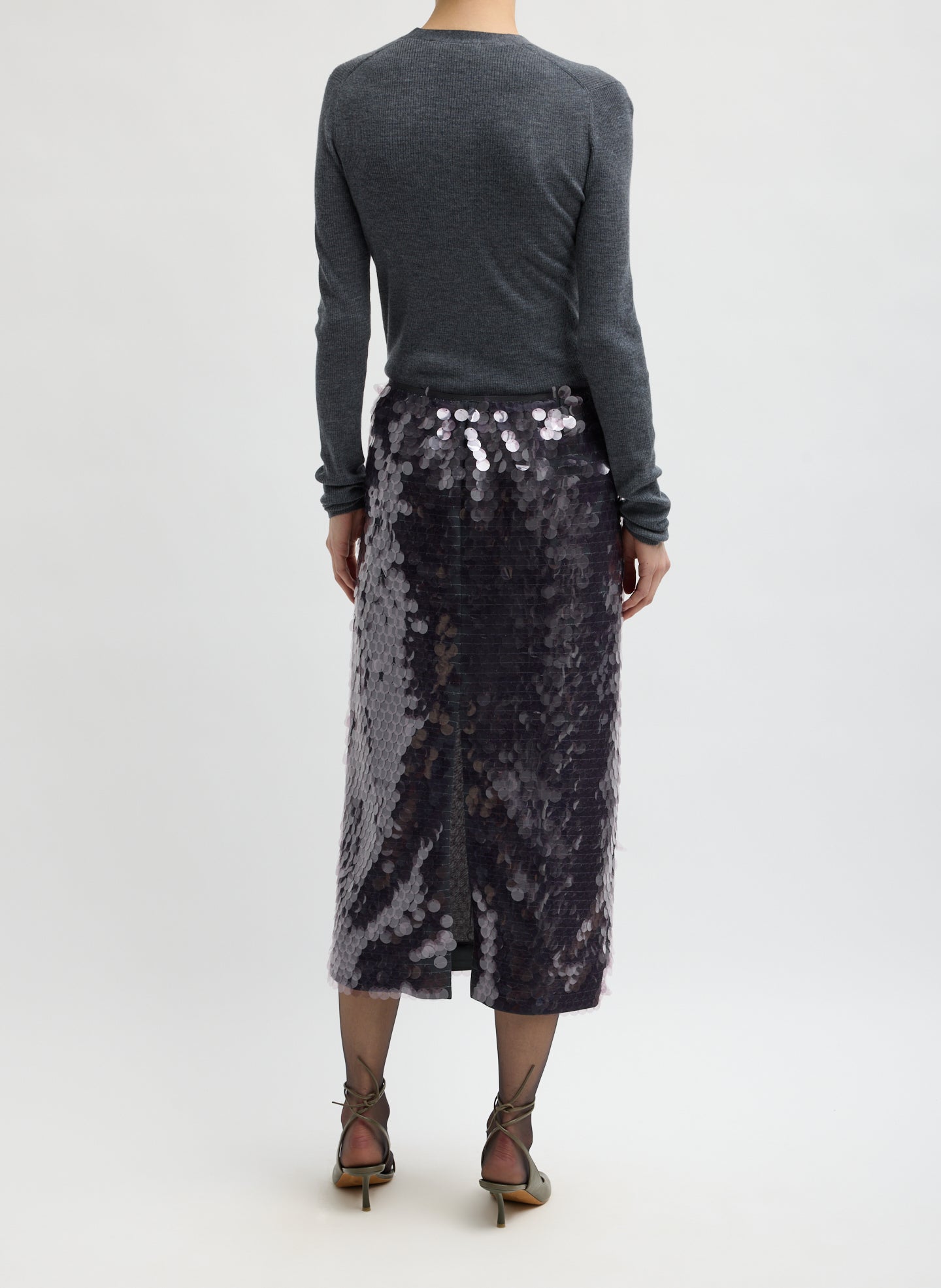 Lavender Grey Pastille Slip Skirt - purple sequin midi skirt, back view on model