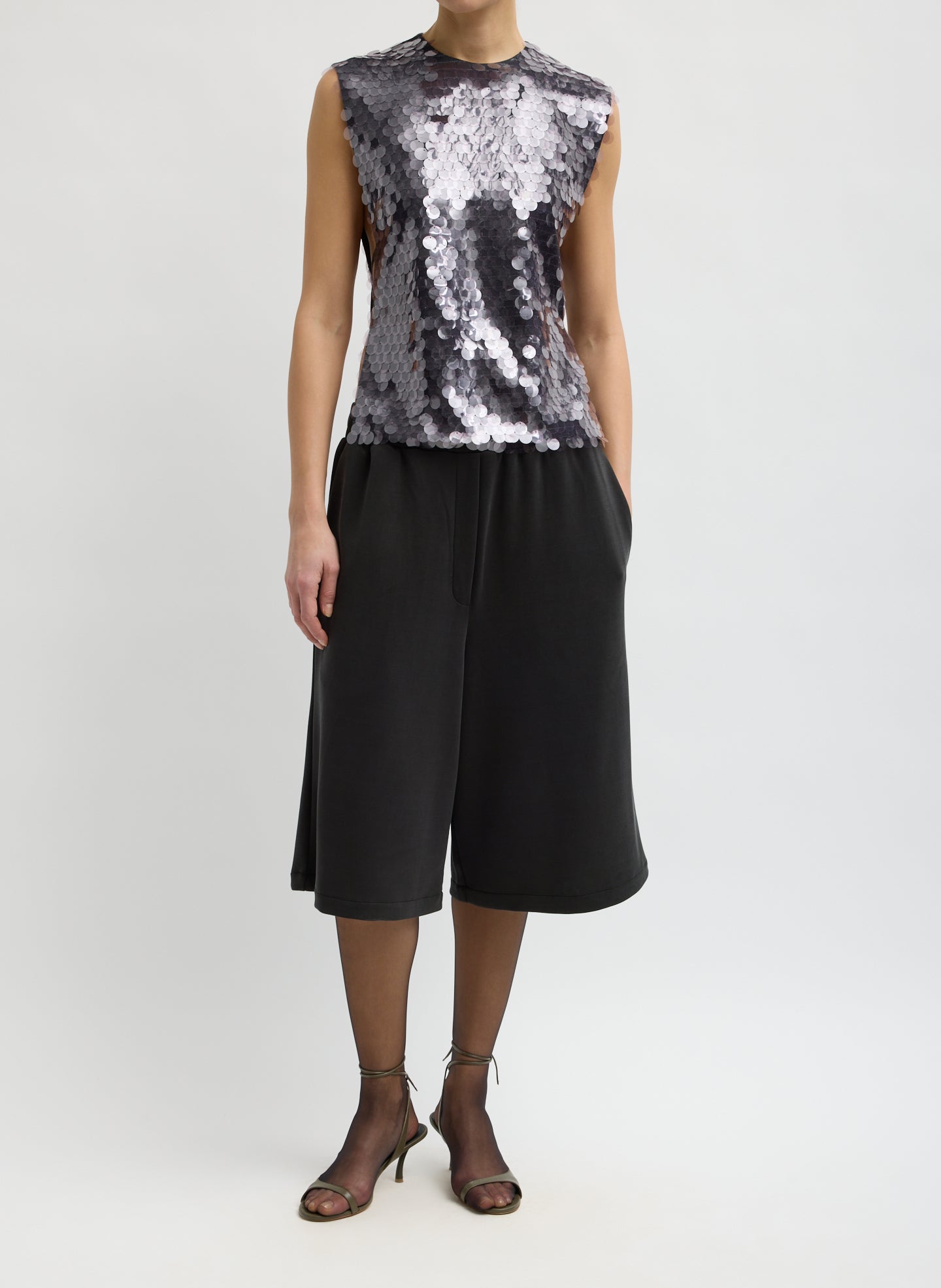 Lavender Grey Pastille Bib Top - purple full look, front view on model