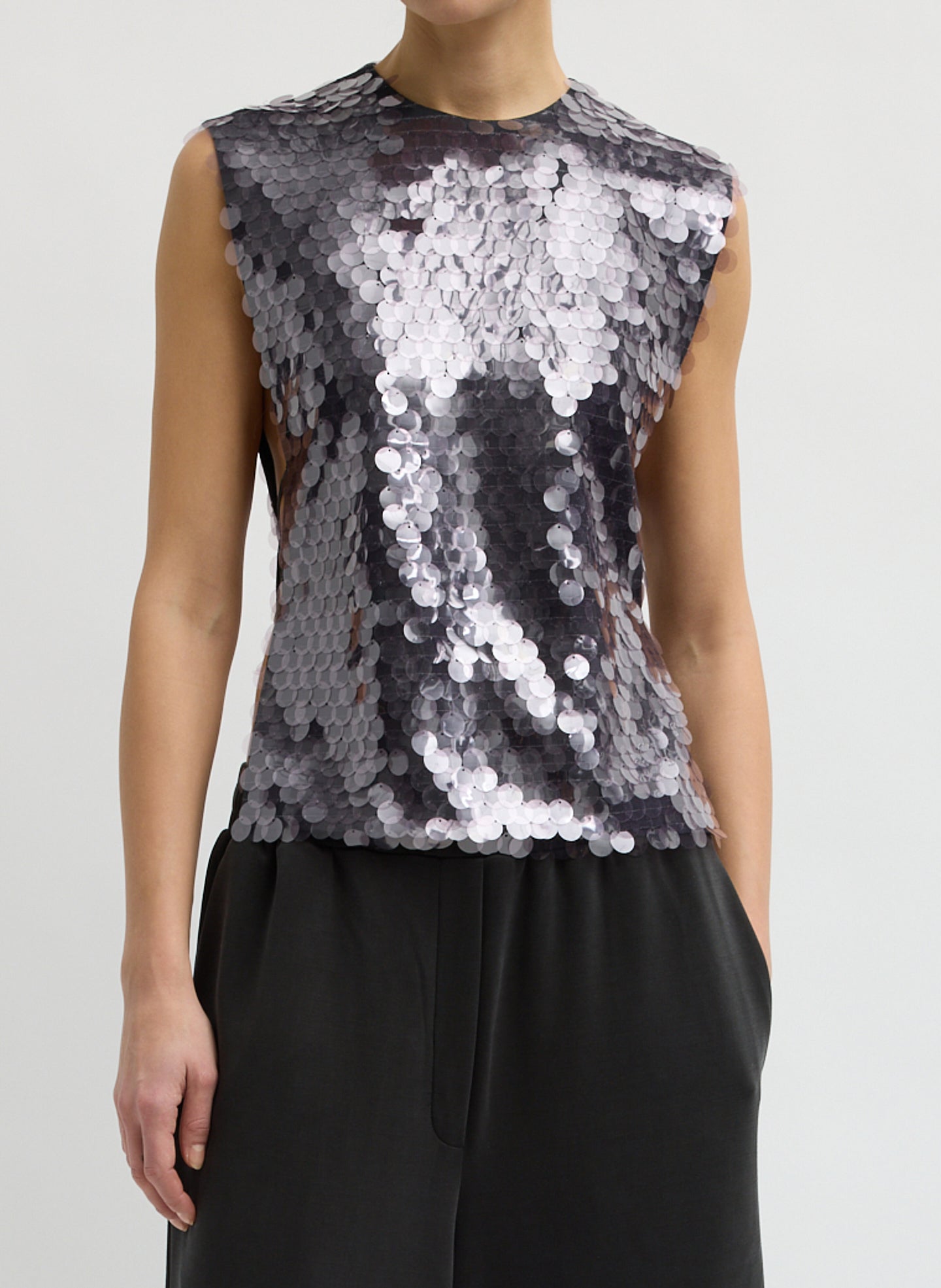 Lavender Grey Pastille Bib Top - purple sequin sleeveless top, front view on model