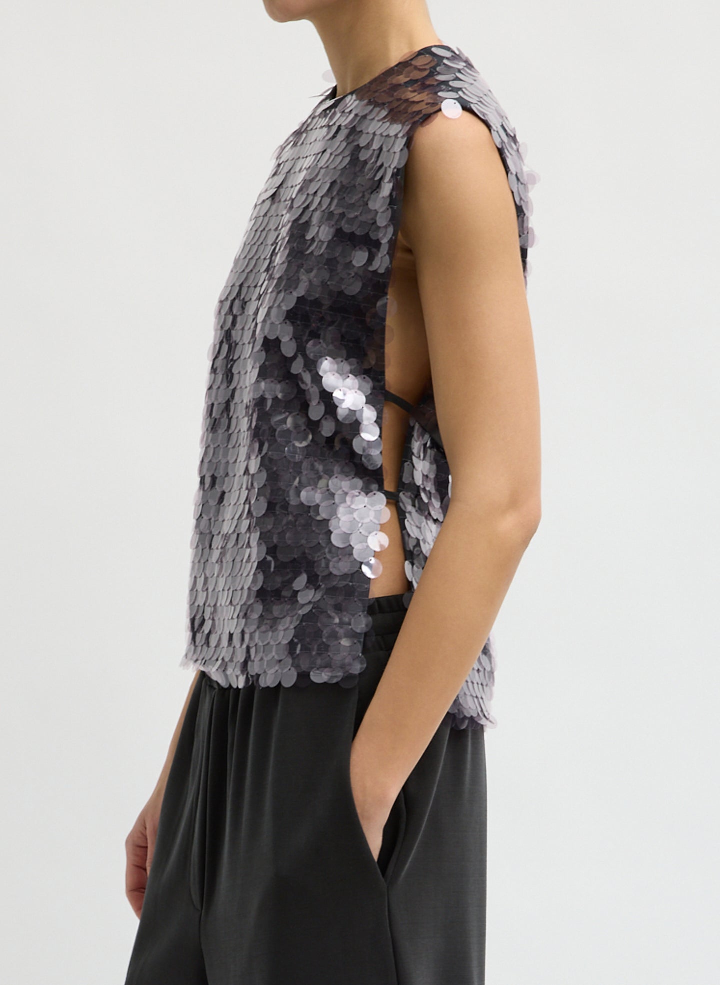 Lavender Grey Pastille Bib Top - purple sequin sleeveless top, side view on model