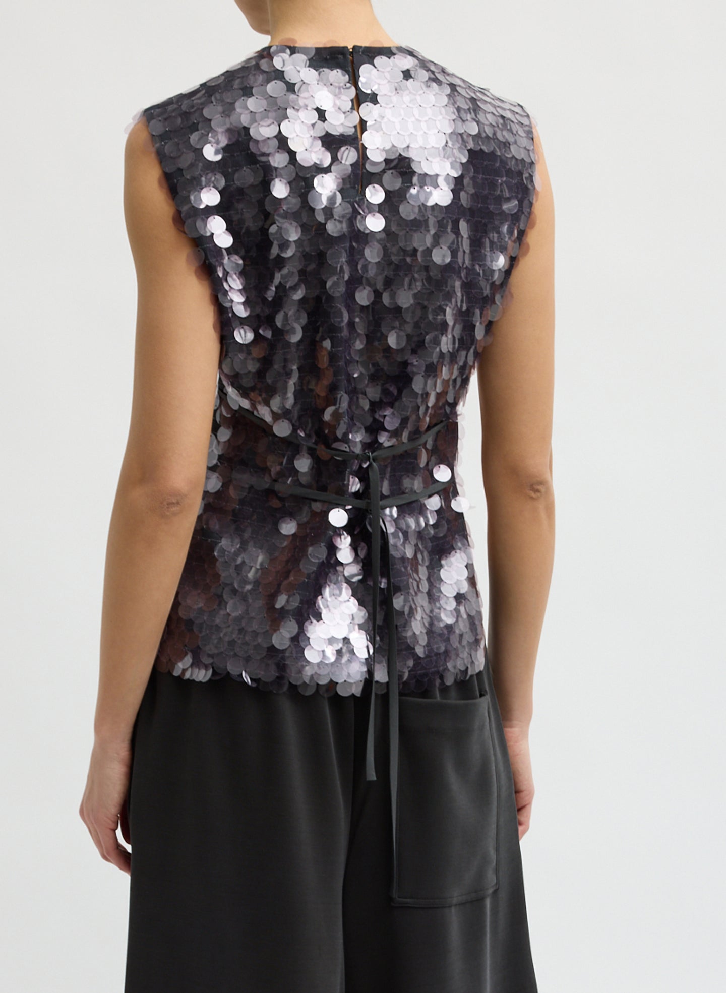 Lavender Grey Pastille Bib Top - purple sequin sleeveless top, back view on model