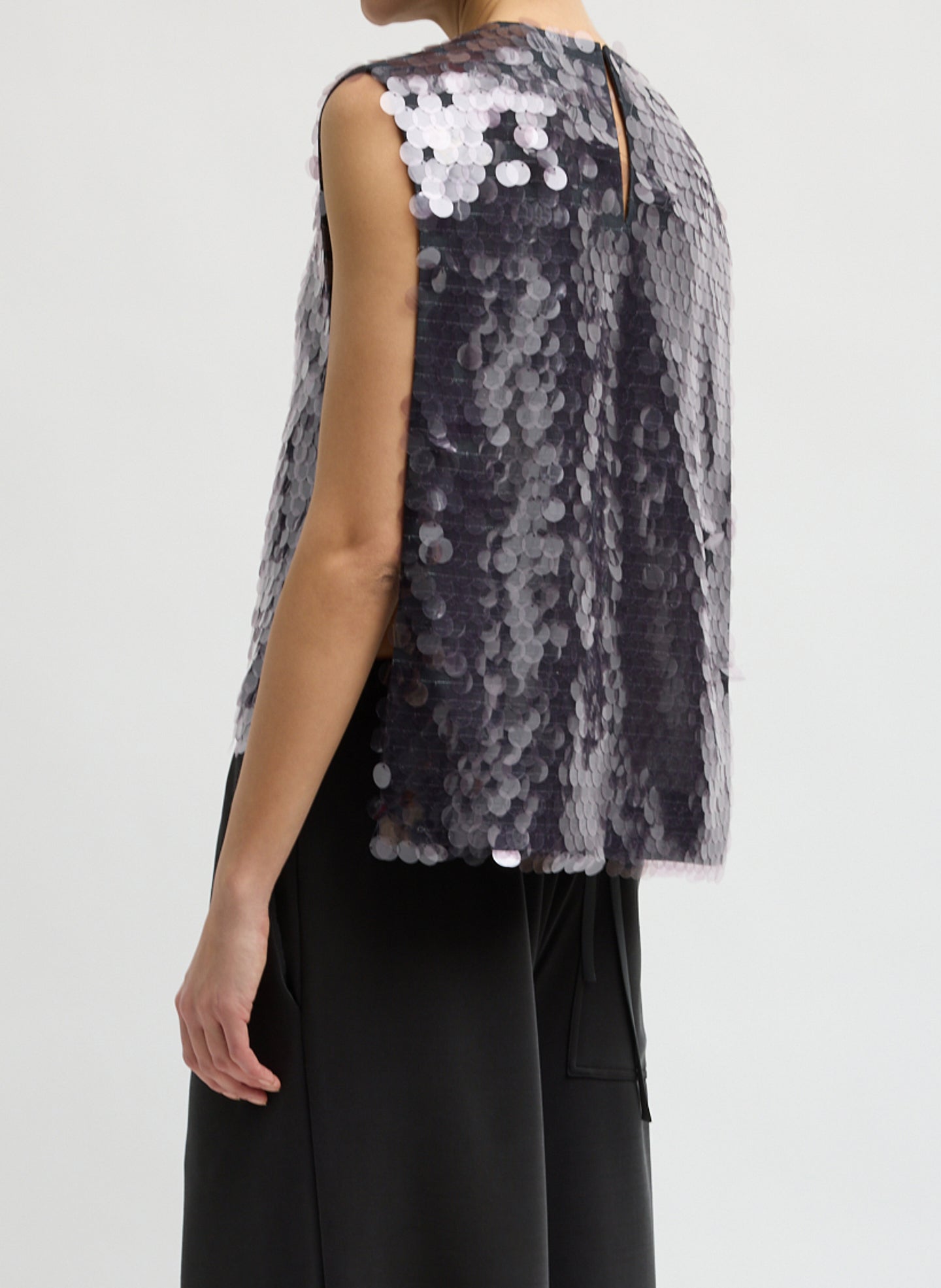 Lavender Grey Pastille Bib Top - purple sequin sleeveless top, side view on model