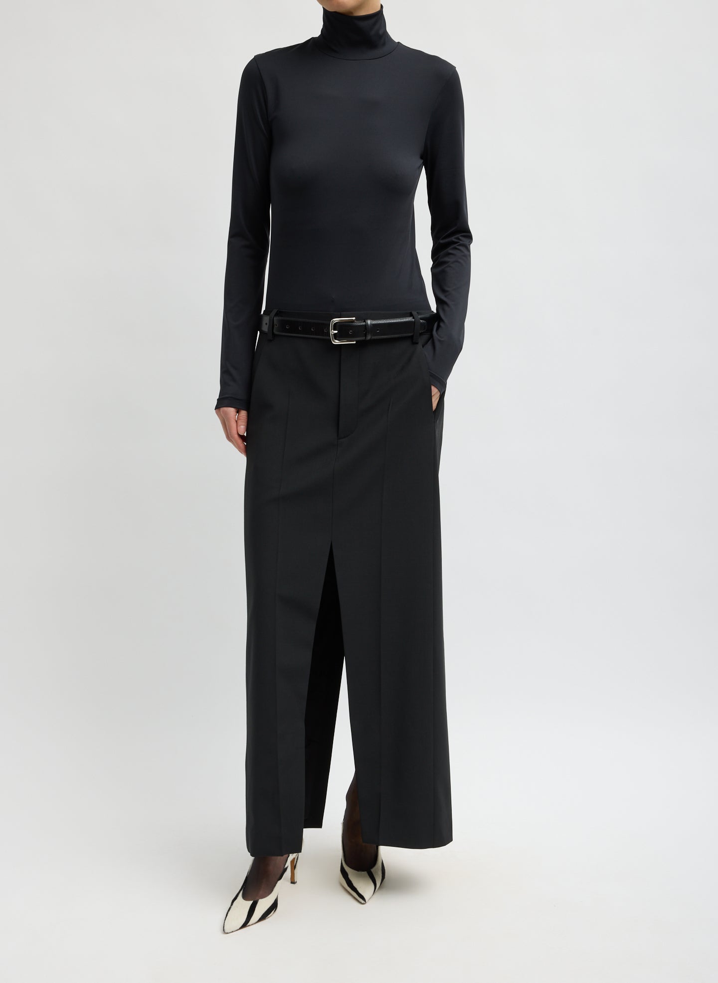 Black Stretch Light Weight Tech Knit Turtleneck - full look, front view on model