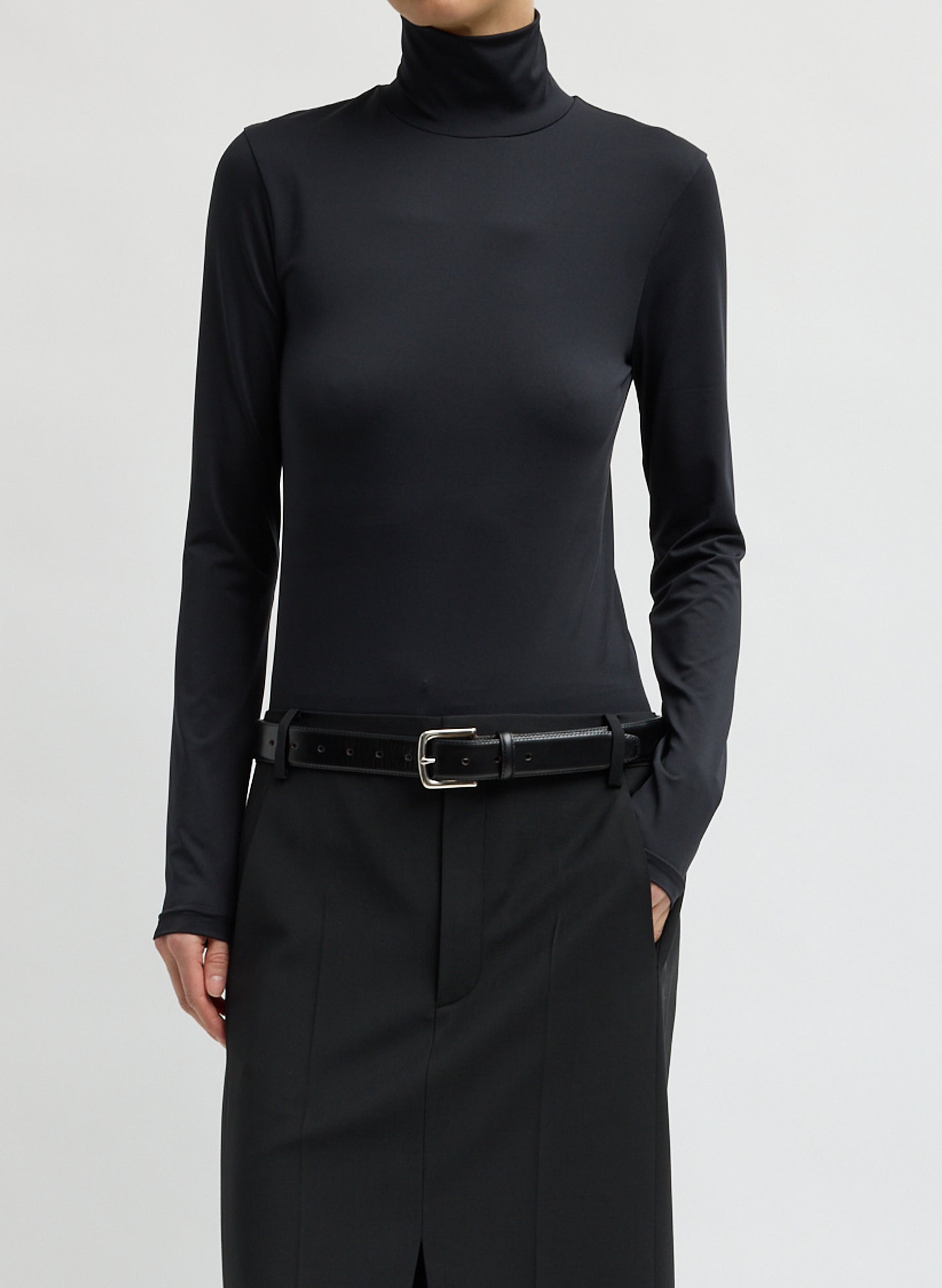 Stretch Light Weight Tech Knit Long Sleeve Turtleneck - Black Stretch Light Weight Tech Knit Turtleneck - front view on model