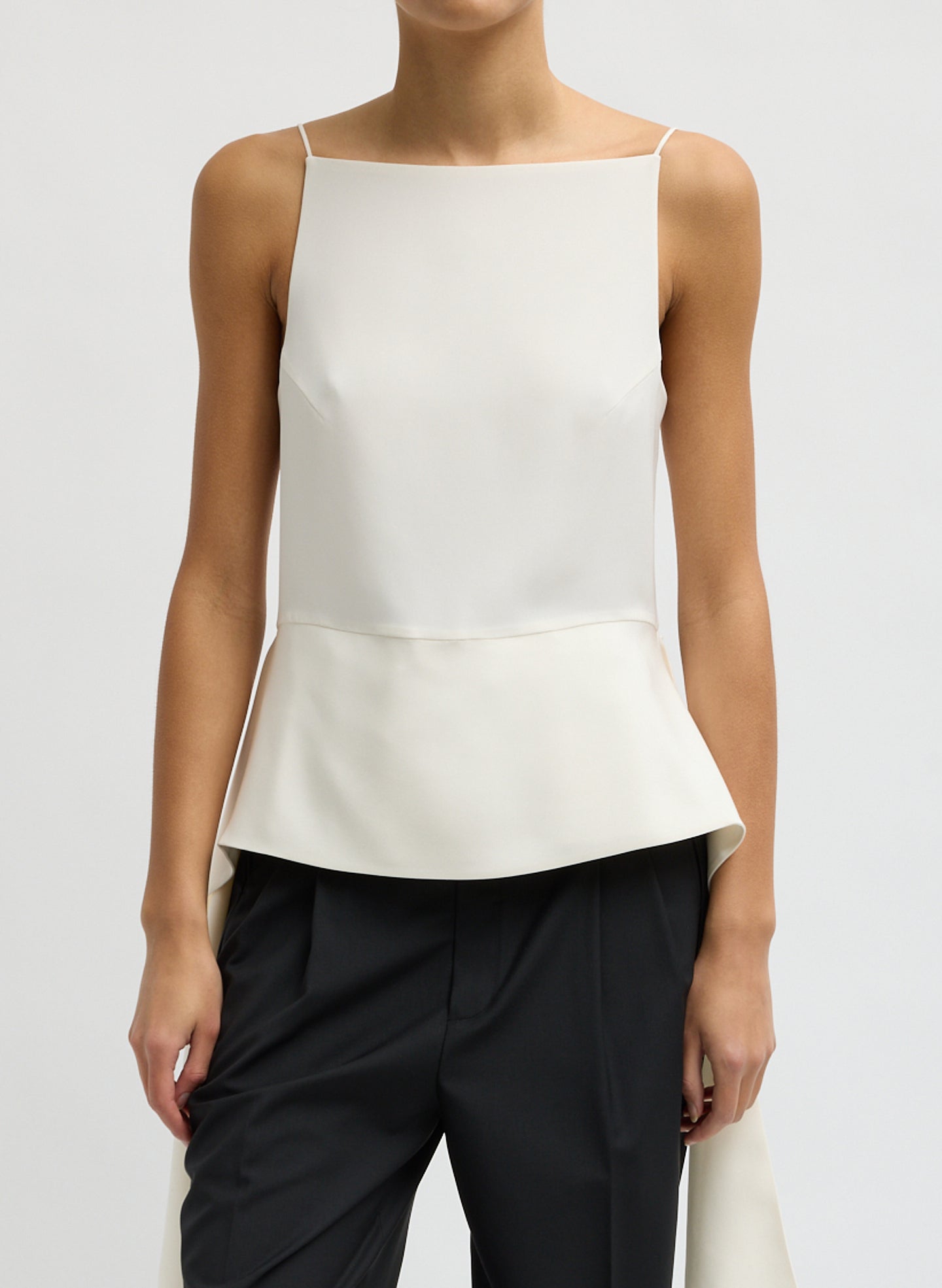 Ivory 4-Ply Silk Side Drape Cami - sleeveless top, front view on model