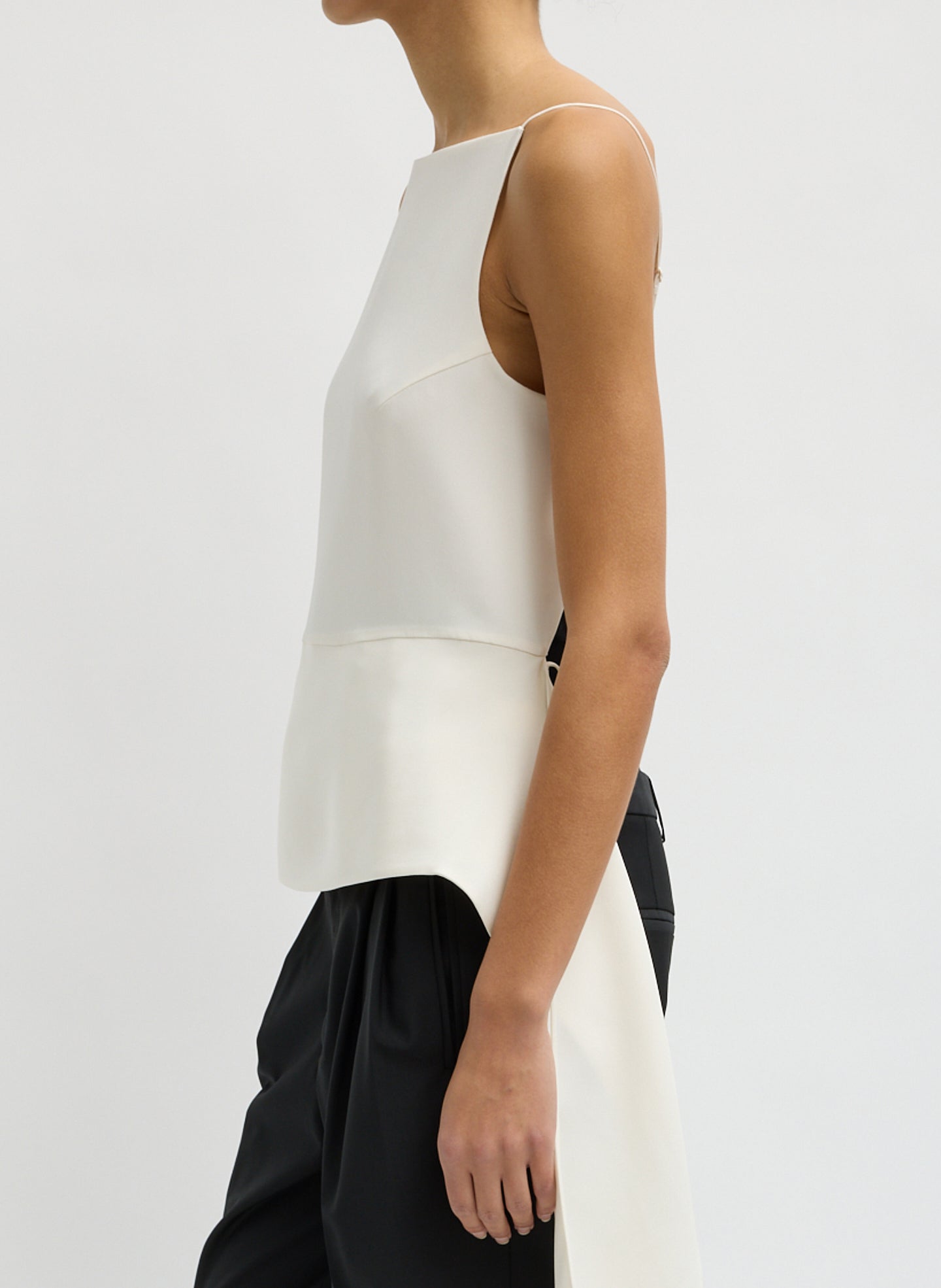 Ivory 4-Ply Silk Side Drape Cami - sleeveless top, side view on model