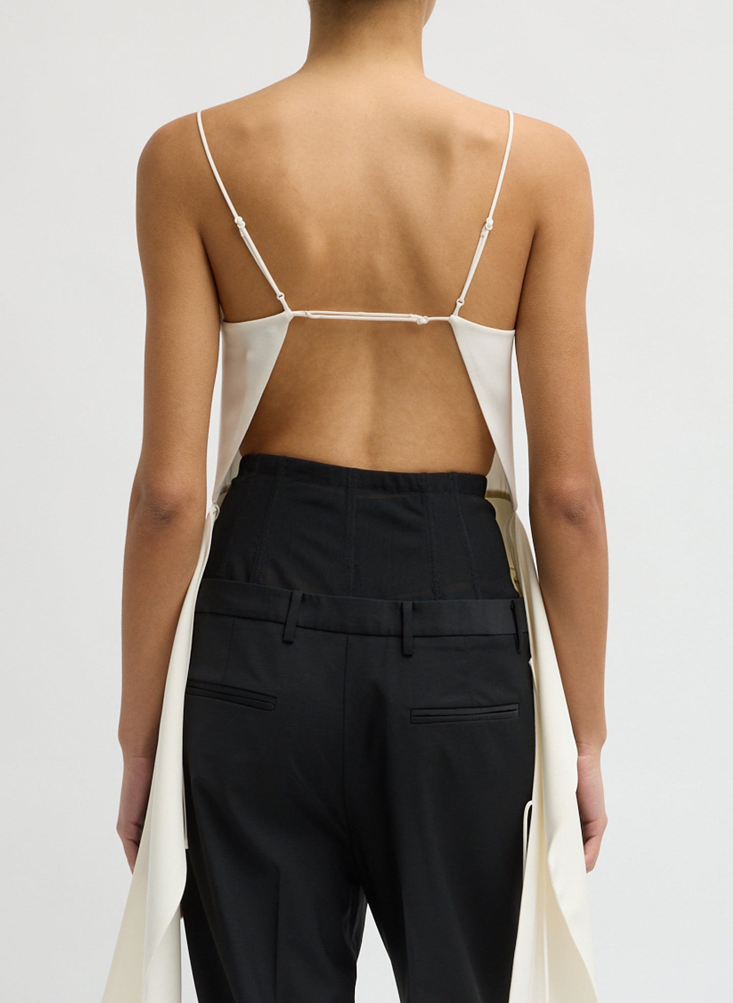 Ivory 4-Ply Silk Side Drape Cami - sleeveless top, back view on model