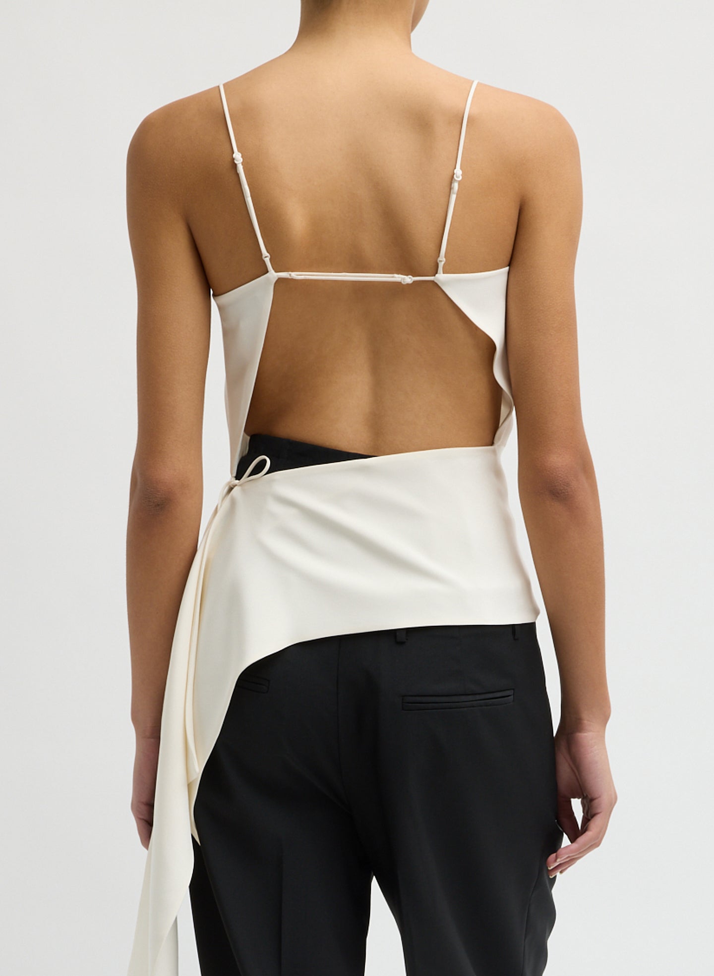 Ivory 4-Ply Silk Side Drape Cami - sleeveless top, back view on model