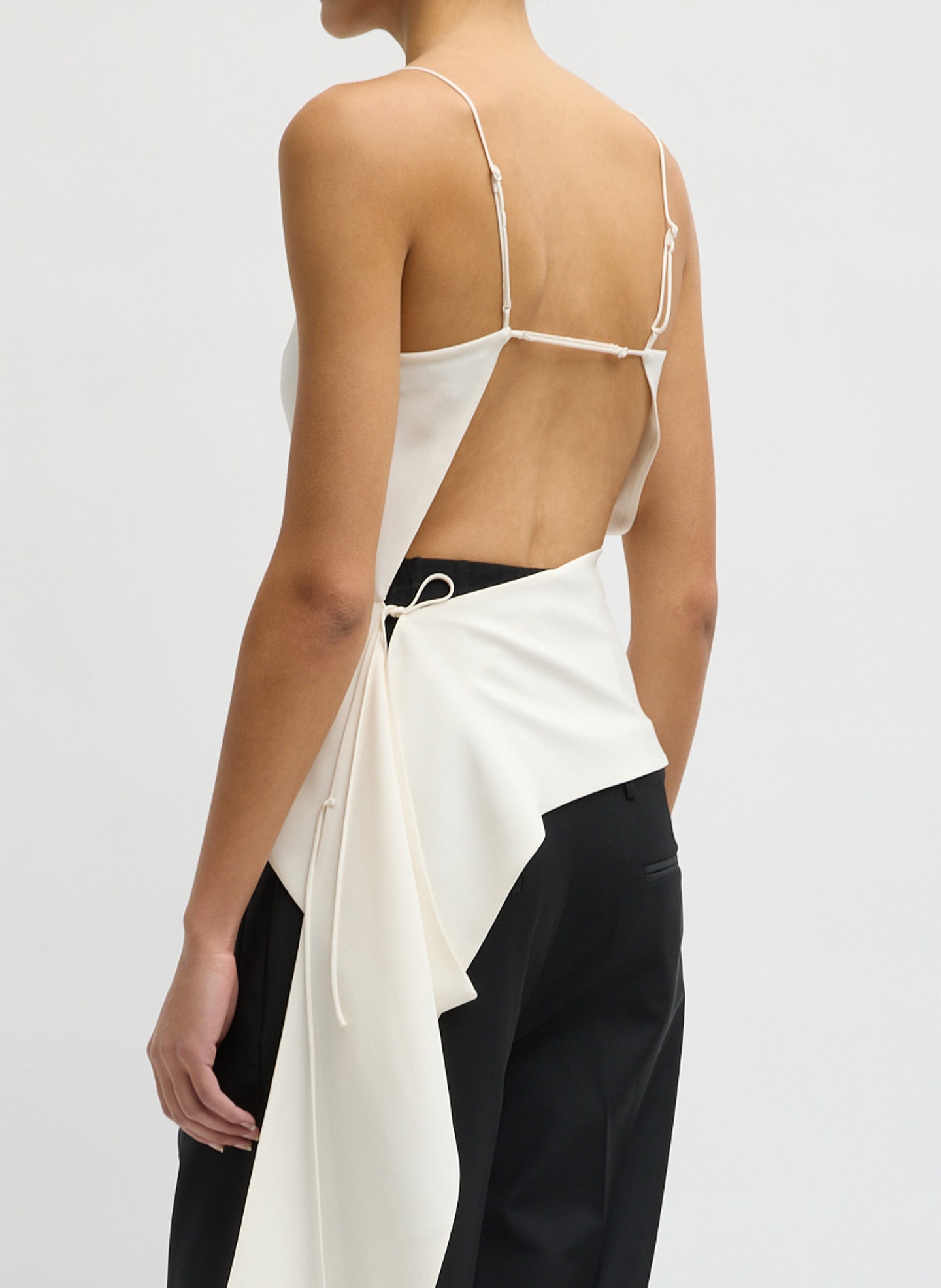 Ivory 4-Ply Silk Side Drape Cami - sleeveless top, back view on model