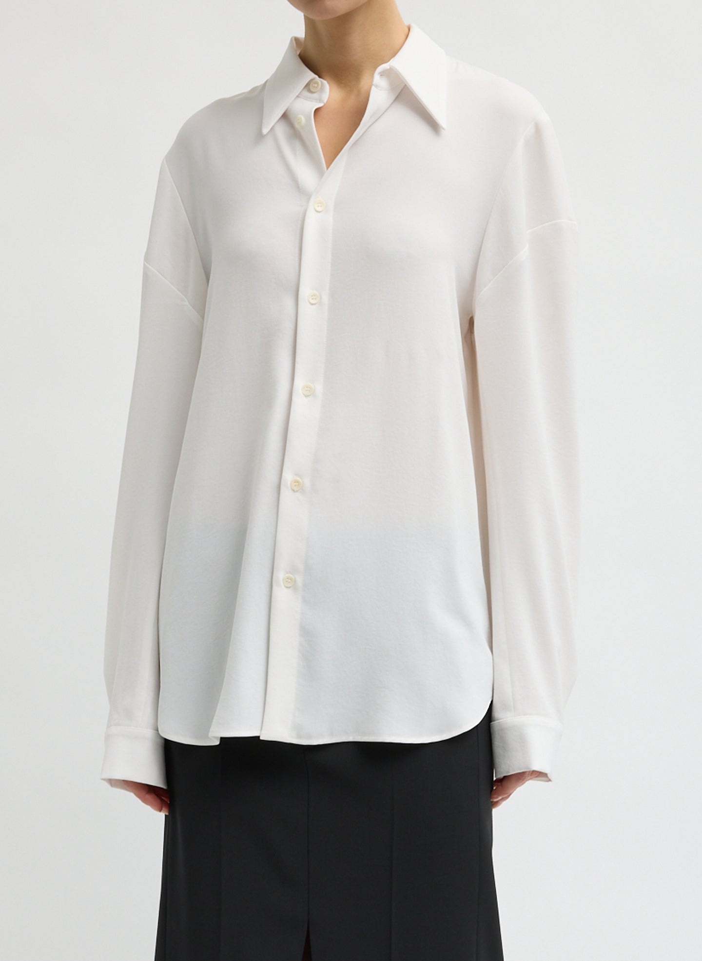 Soft Drape Hinged Shirt - Ivory Soft Drape Hinged Shirt - long sleeve button down shirt, front view on model