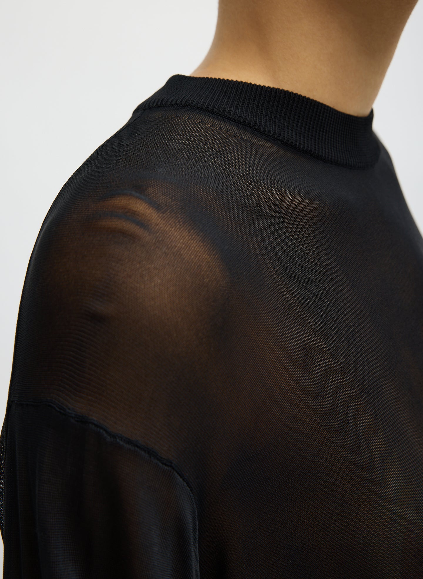 Black Slinky Viscose Perfect Men's Pullover - closeup of sheer fabrication