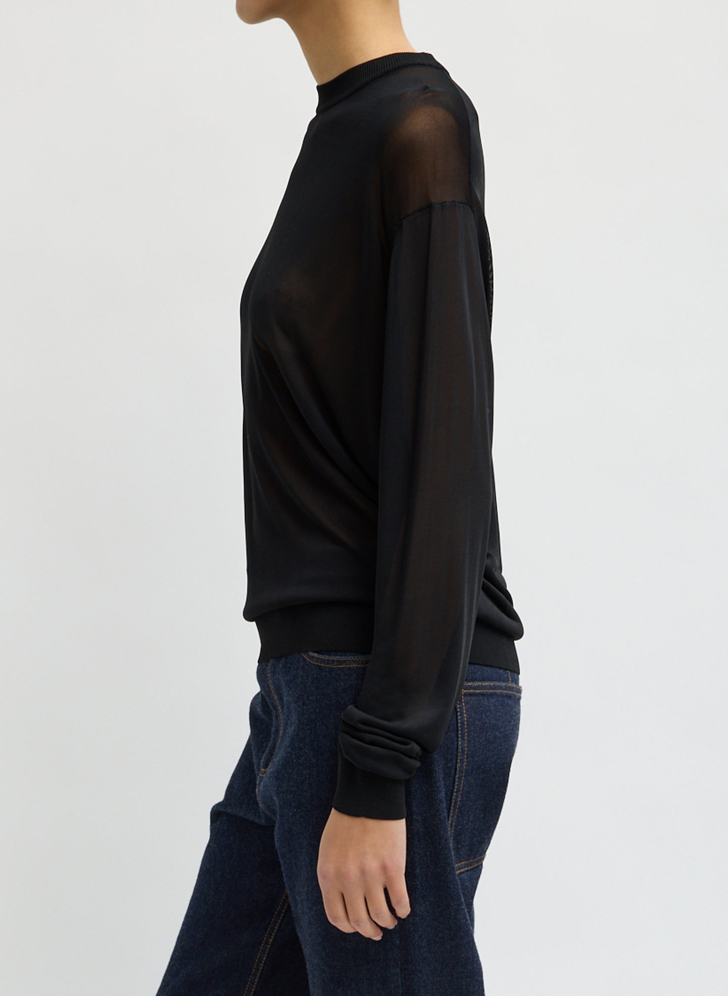 Black Slinky Viscose Perfect Men's Pullover - sheer long sleeve top, side view on model