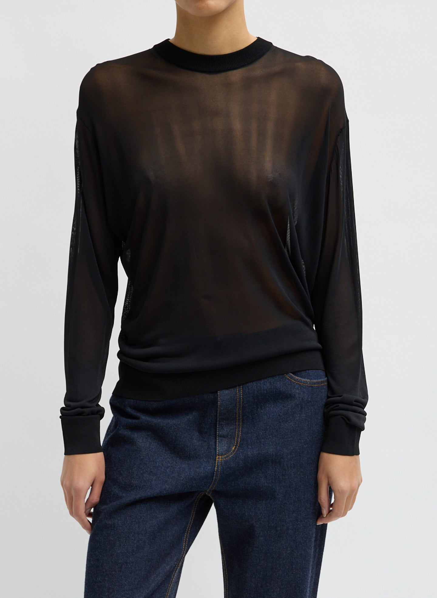 Slinky Viscose Perfect Men's Pullover - Black Slinky Viscose Perfect Men's Pullover - sheer long sleeve top, front view on model