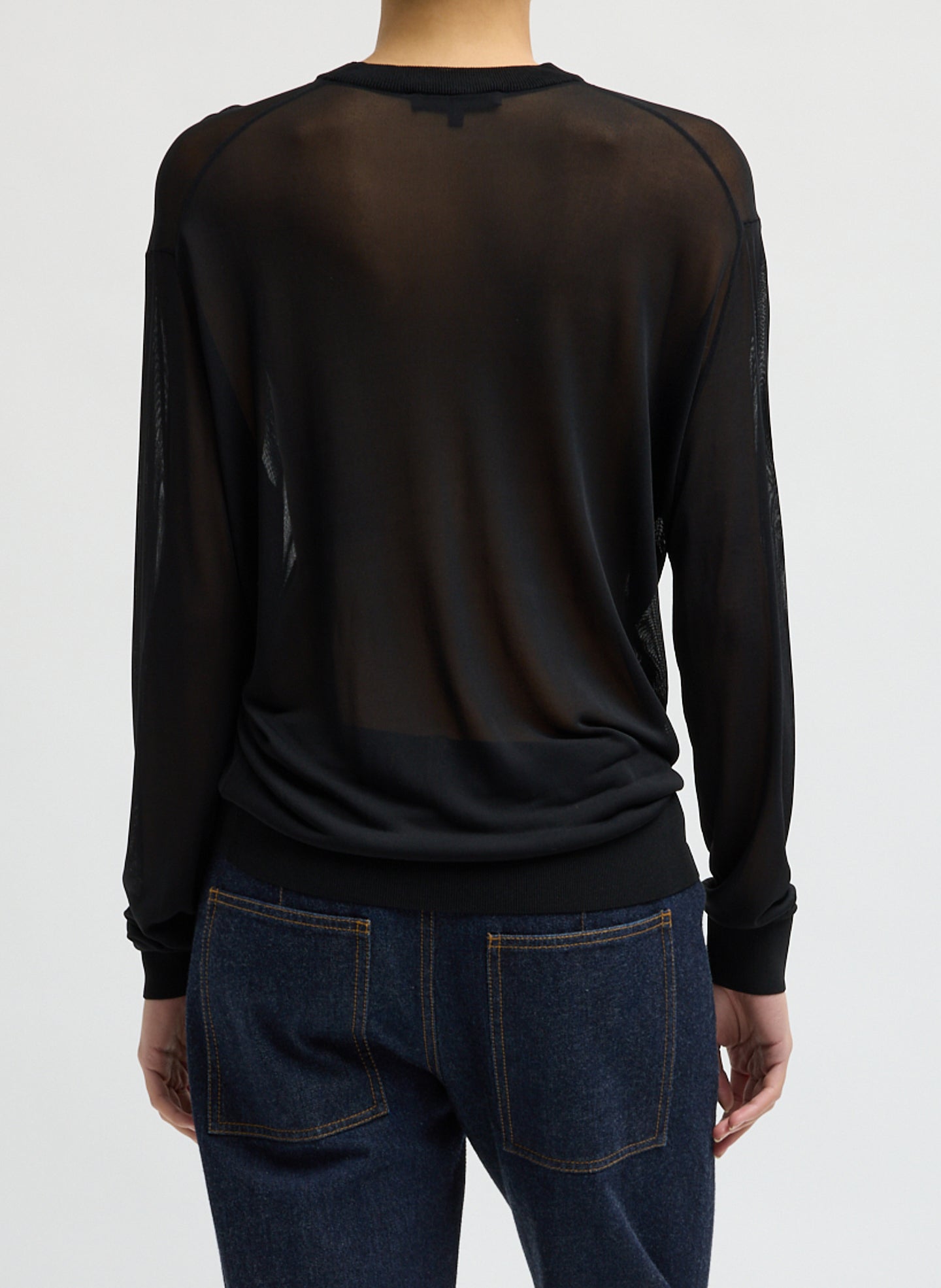 Black Slinky Viscose Perfect Men's Pullover - sheer long sleeve top, back view on model