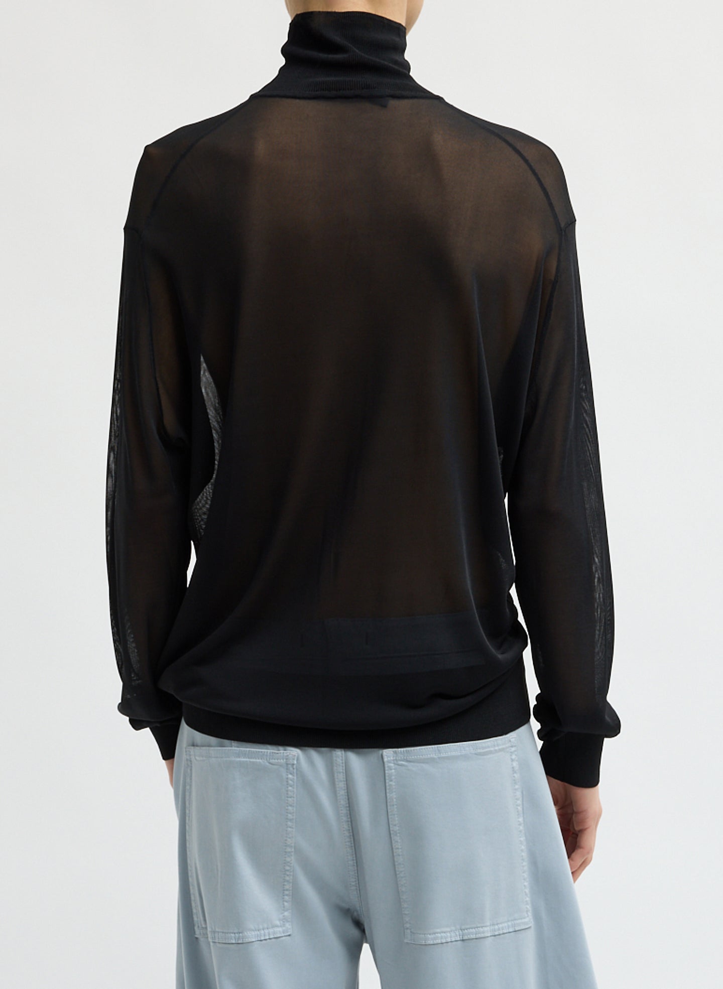 Black Slinky Viscose Perfect Men's Turtleneck - sheer turtleneck, back view on model