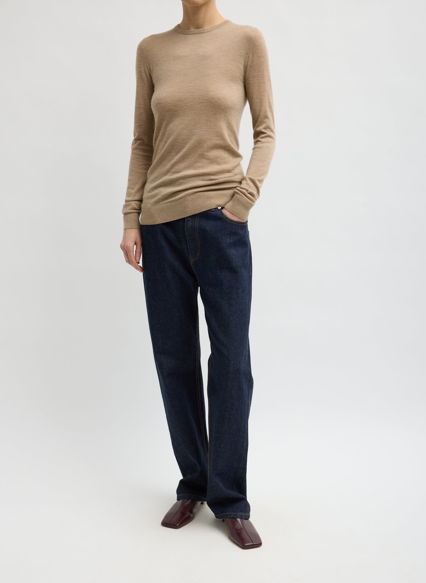 Beige Tissue Cashmere Crewneck Pullover - full look, front view on model