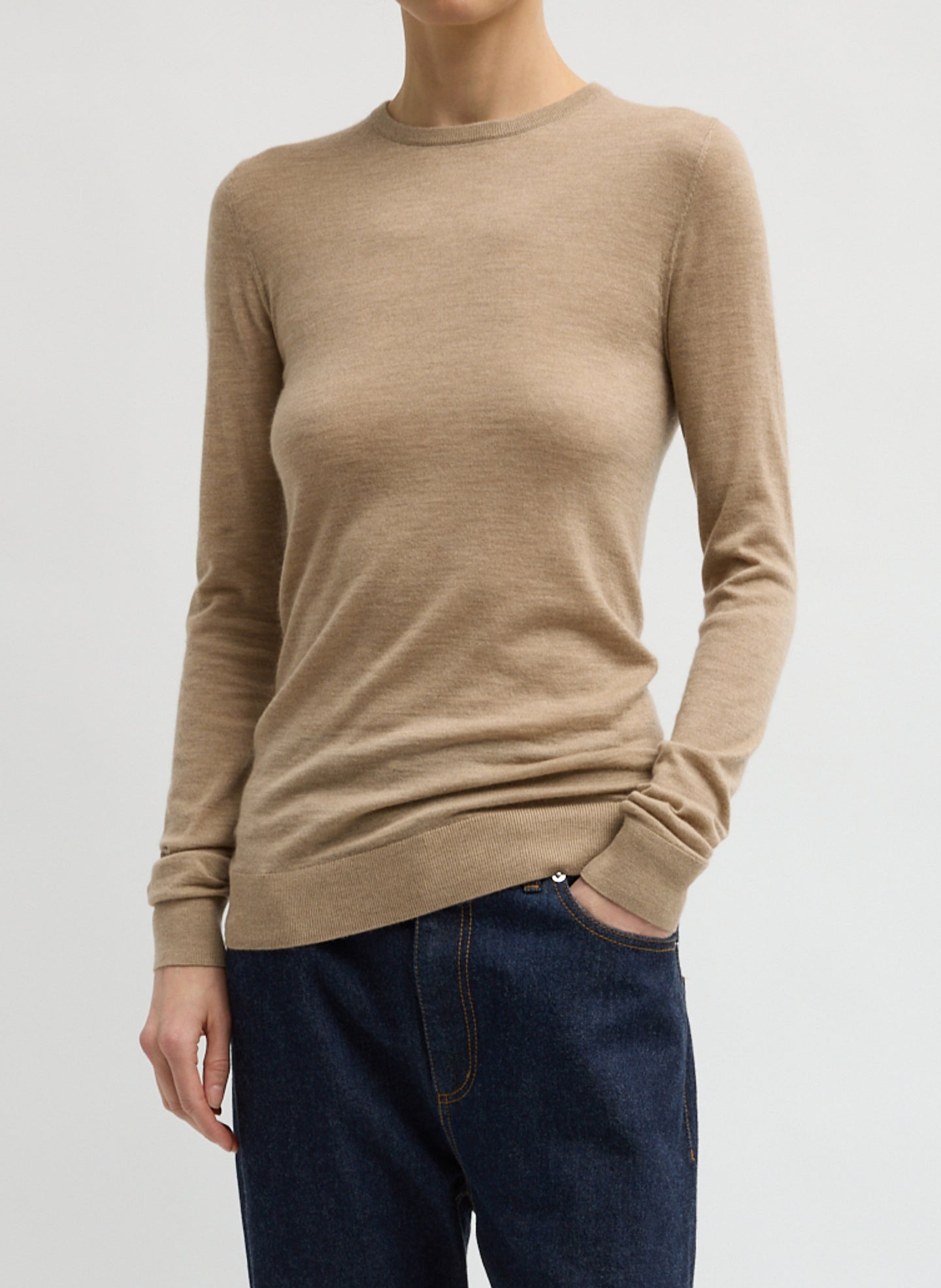 Tissue Cashmere Crewneck Pullover - Beige Tissue Cashmere Crewneck Pullover - tan cashmere long sleeve top, front view on model