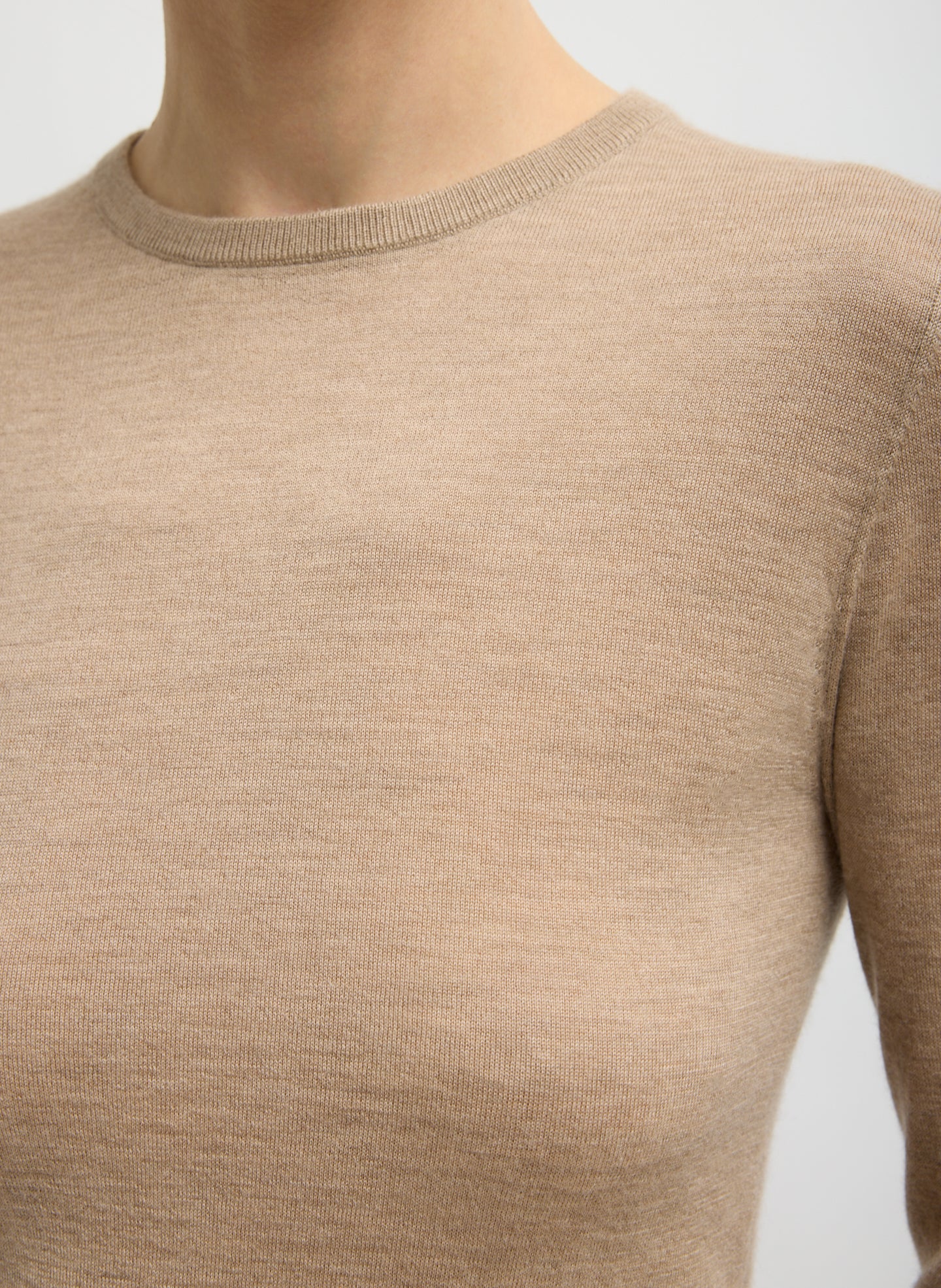 Beige Tissue Cashmere Crewneck Pullover - closeup of tissue cashmere fabrication