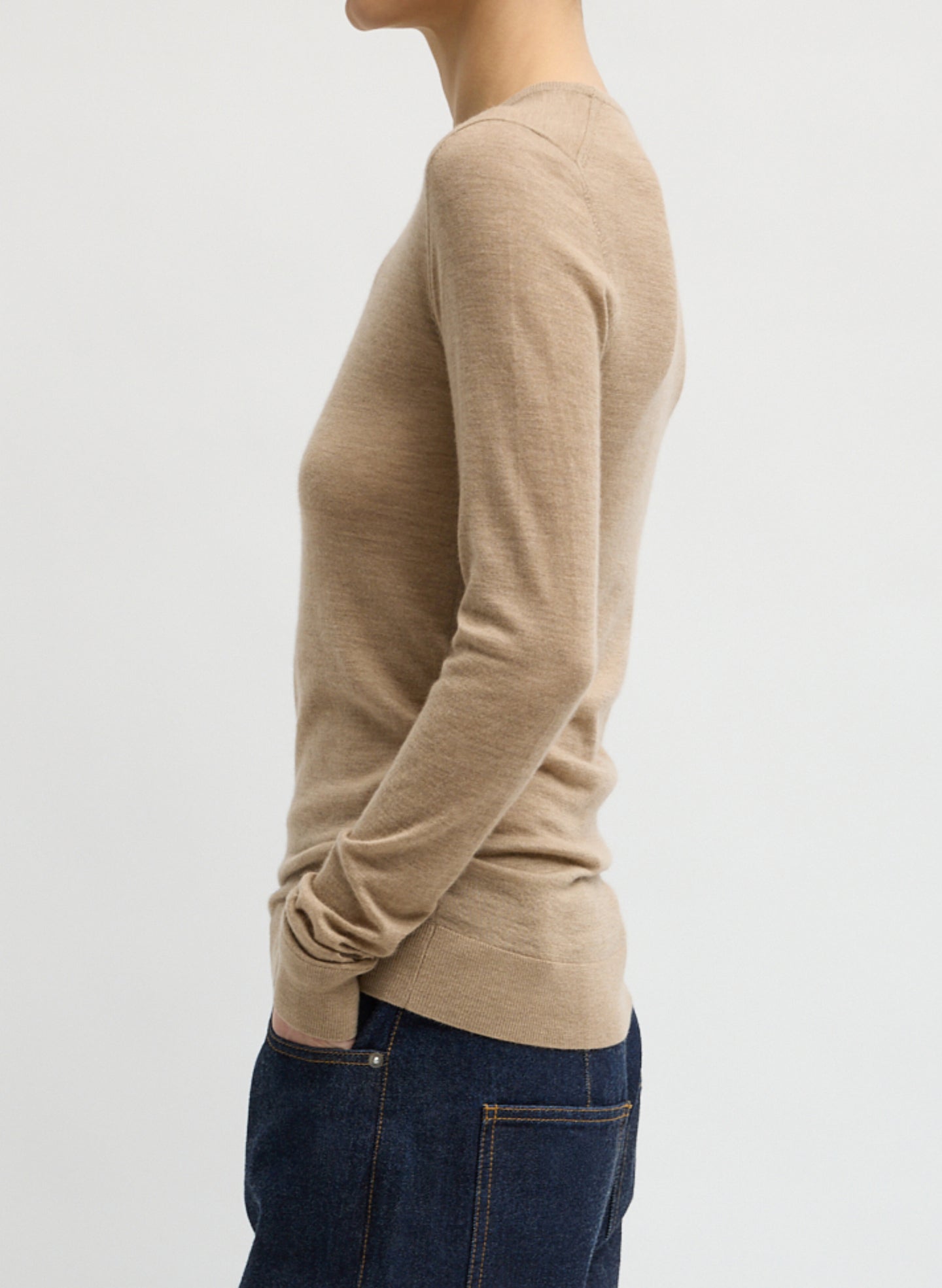 Beige Tissue Cashmere Crewneck Pullover - tan cashmere long sleeve top, side view on model