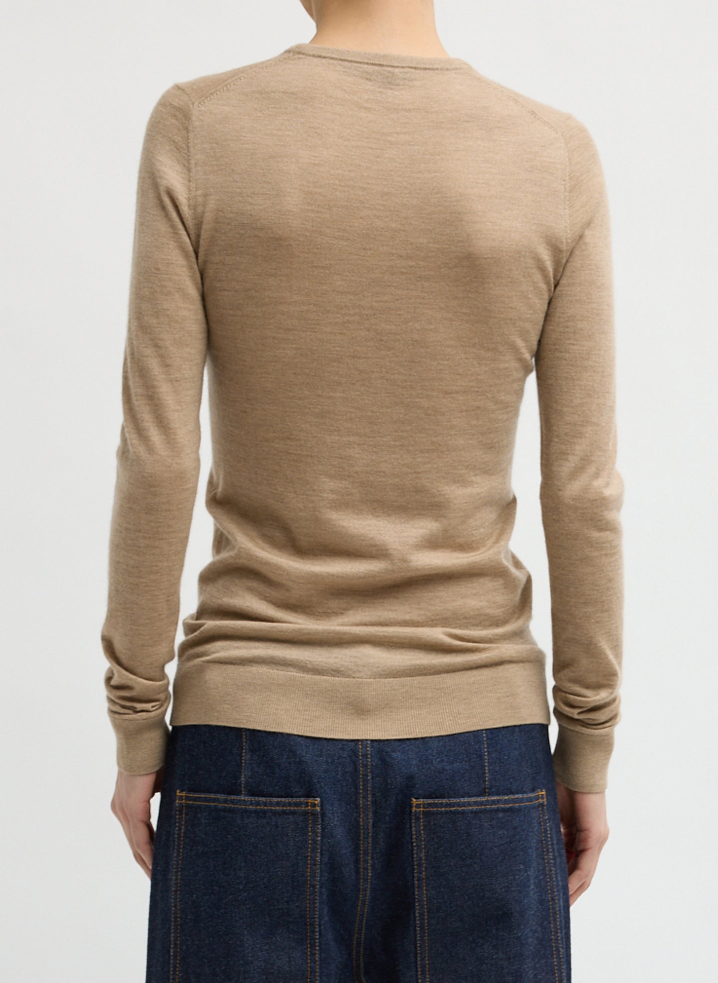 Beige Tissue Cashmere Crewneck Pullover - tan cashmere long sleeve top, back view on model