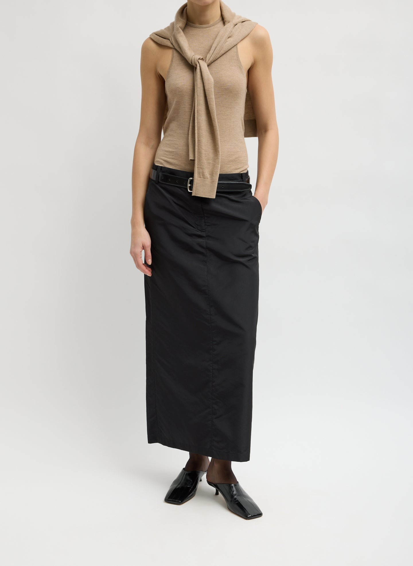 Beige Tissue Cashmere Tank - full look, front view on model