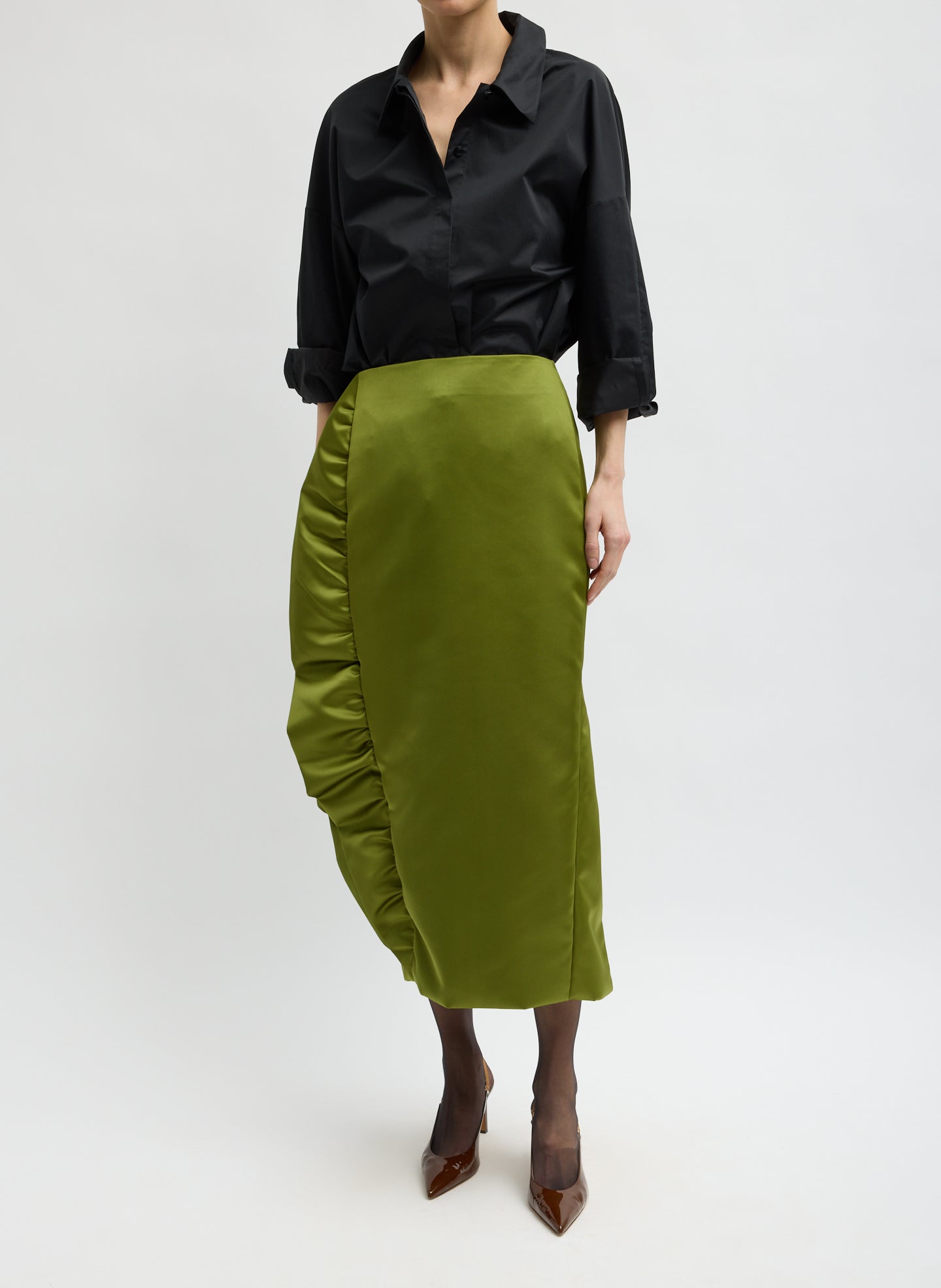 Ick Green Tech Satin Side Ruffle Skirt - midi skirt, front view on model