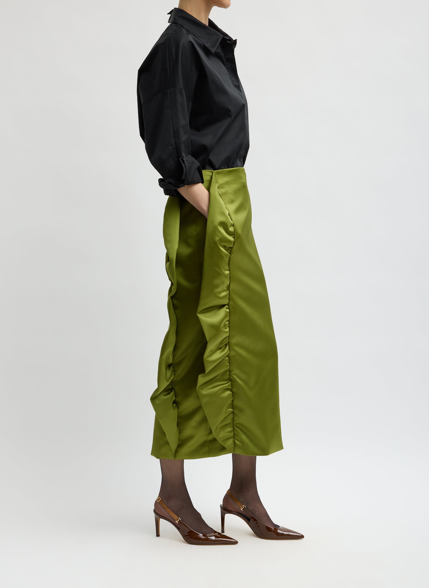 Ick Green Tech Satin Side Ruffle Skirt - midi skirt, side view on model