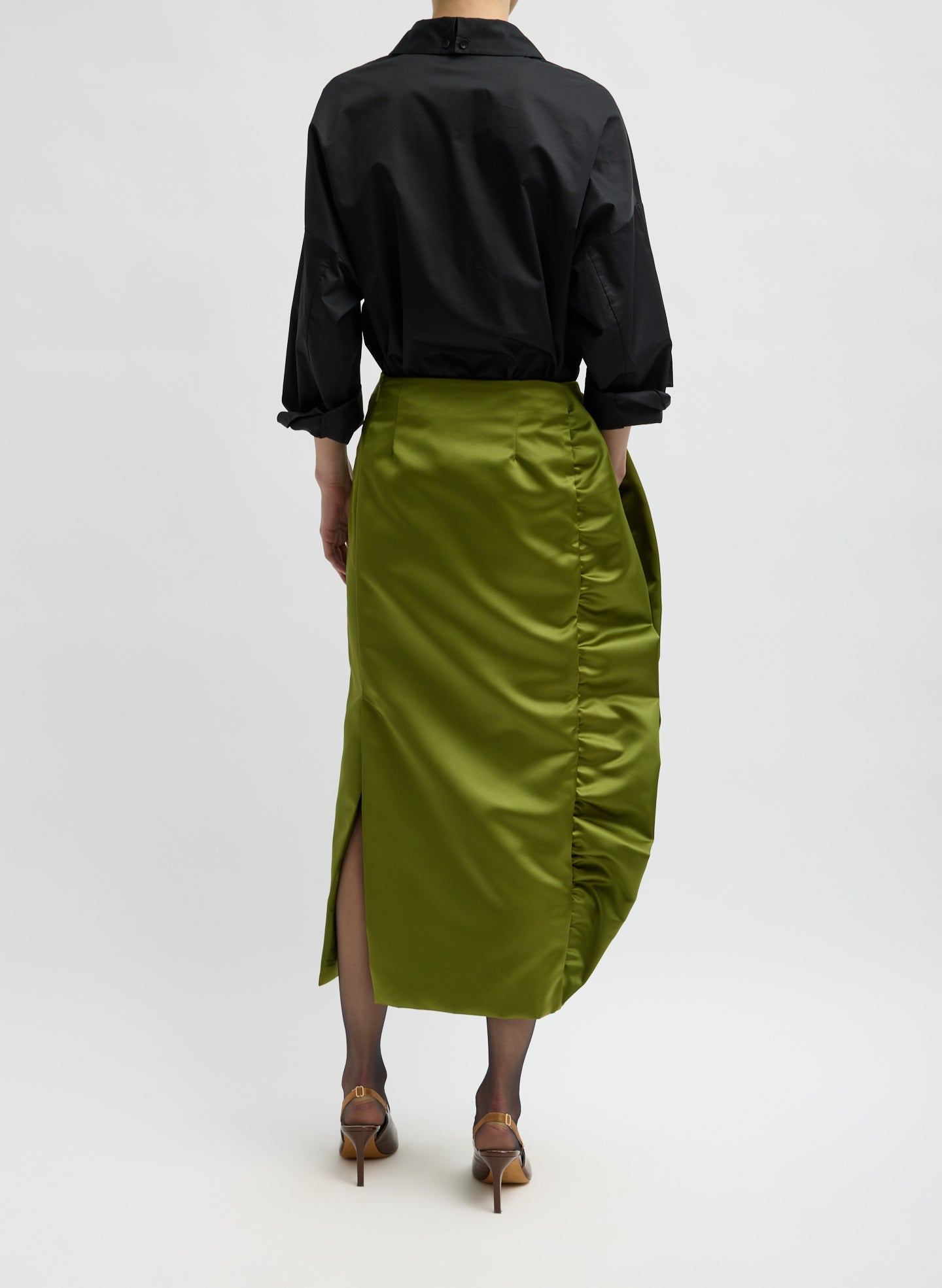 Ick Green Tech Satin Side Ruffle Skirt - midi skirt, back view on model