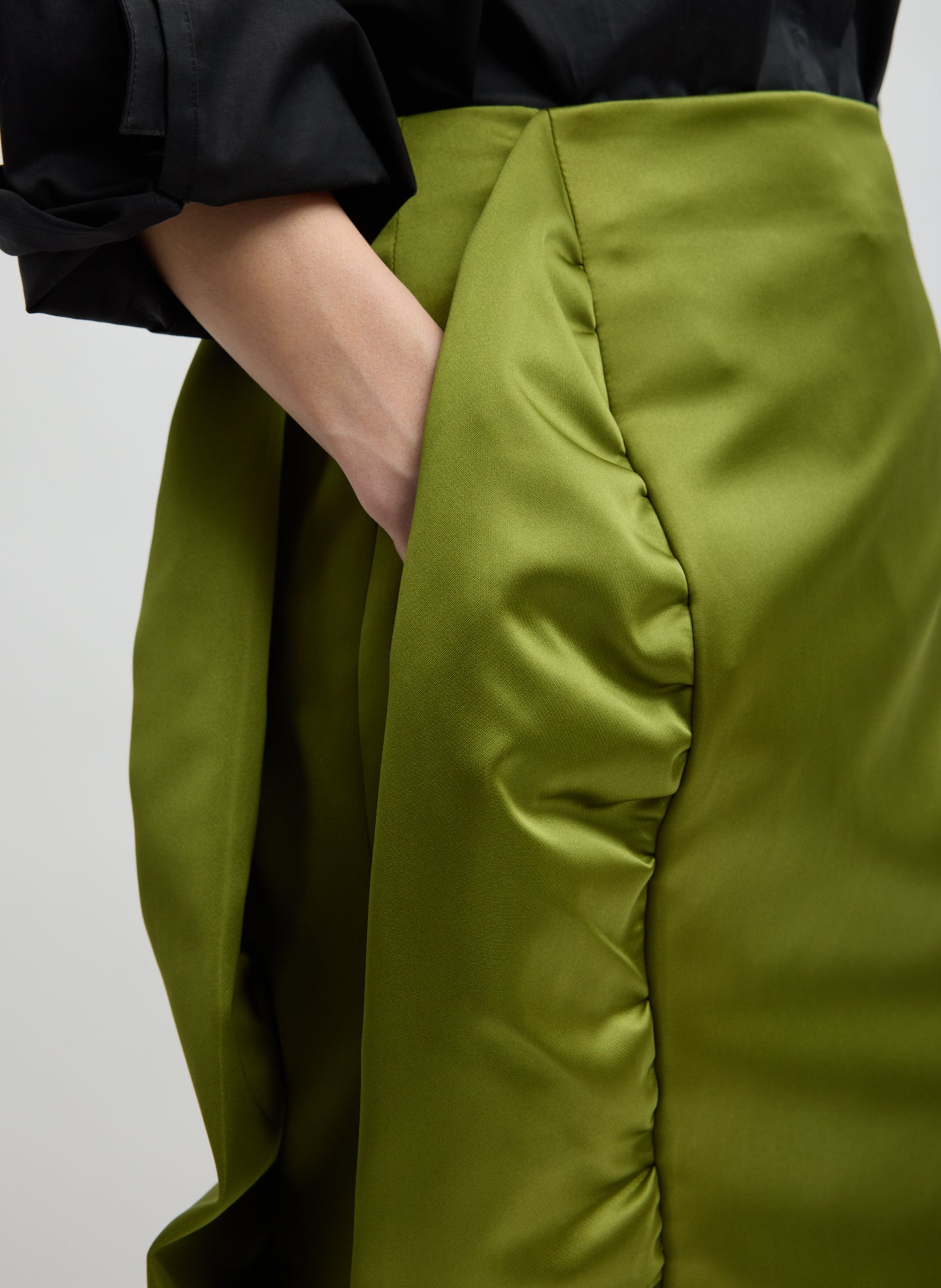 Ick Green Tech Satin Side Ruffle Skirt - closeup of side pocket detail