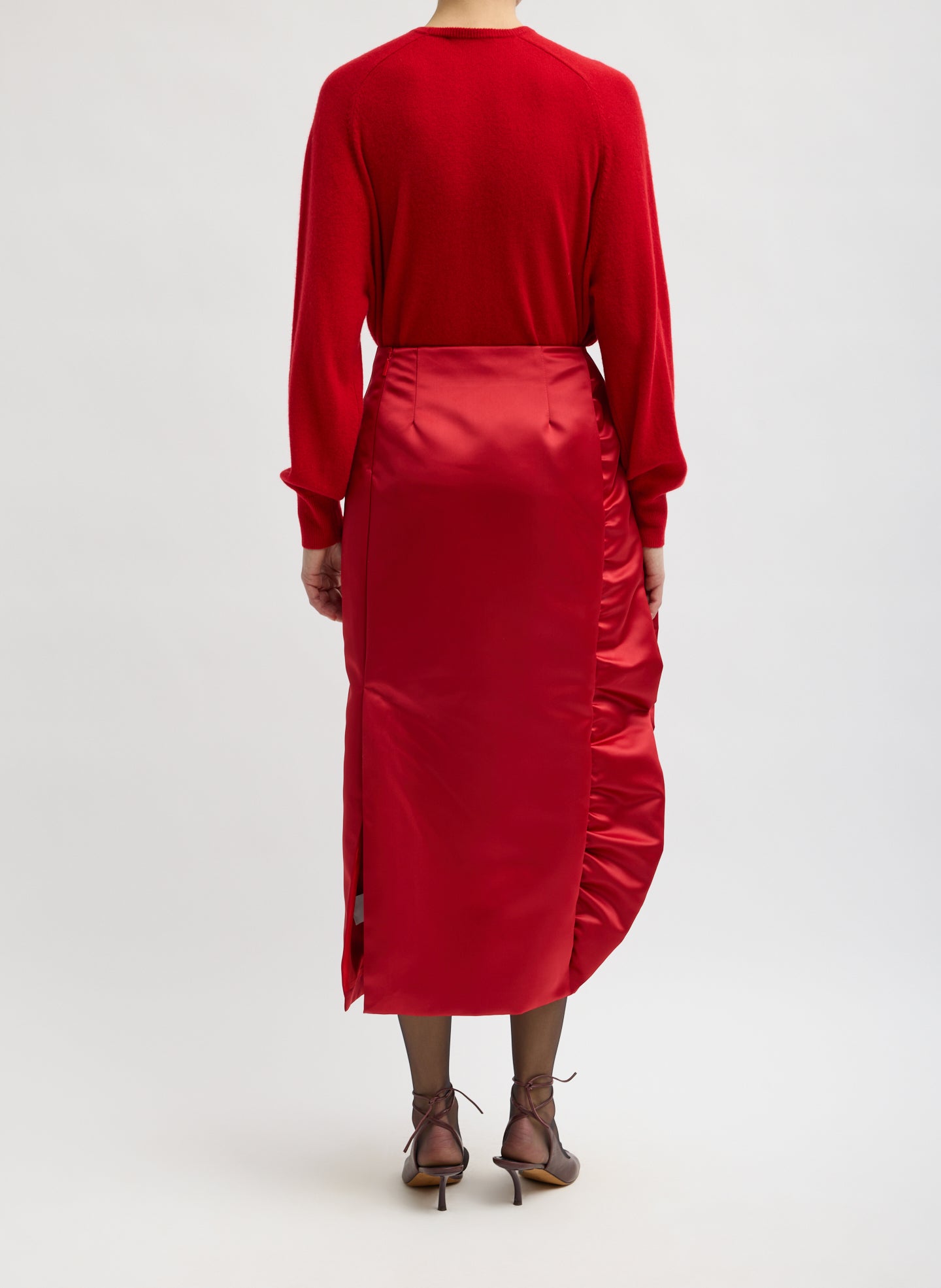 Red Tech Satin Side Ruffle Skirt - midi skirt, back view on model