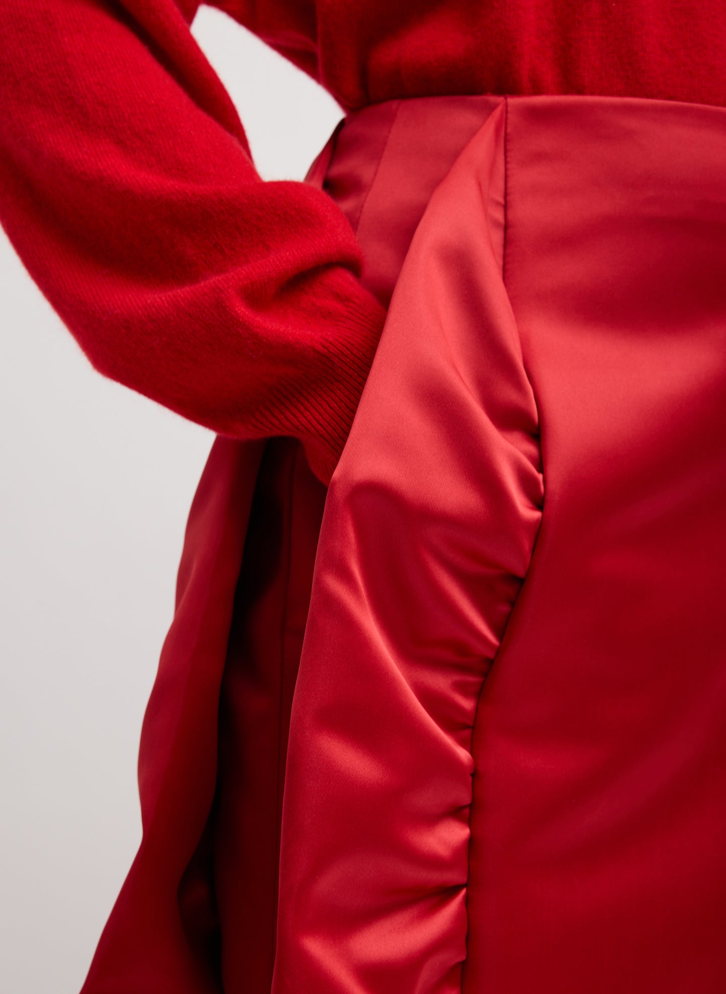 Red Tech Satin Side Ruffle Skirt - closeup of side pocket detail