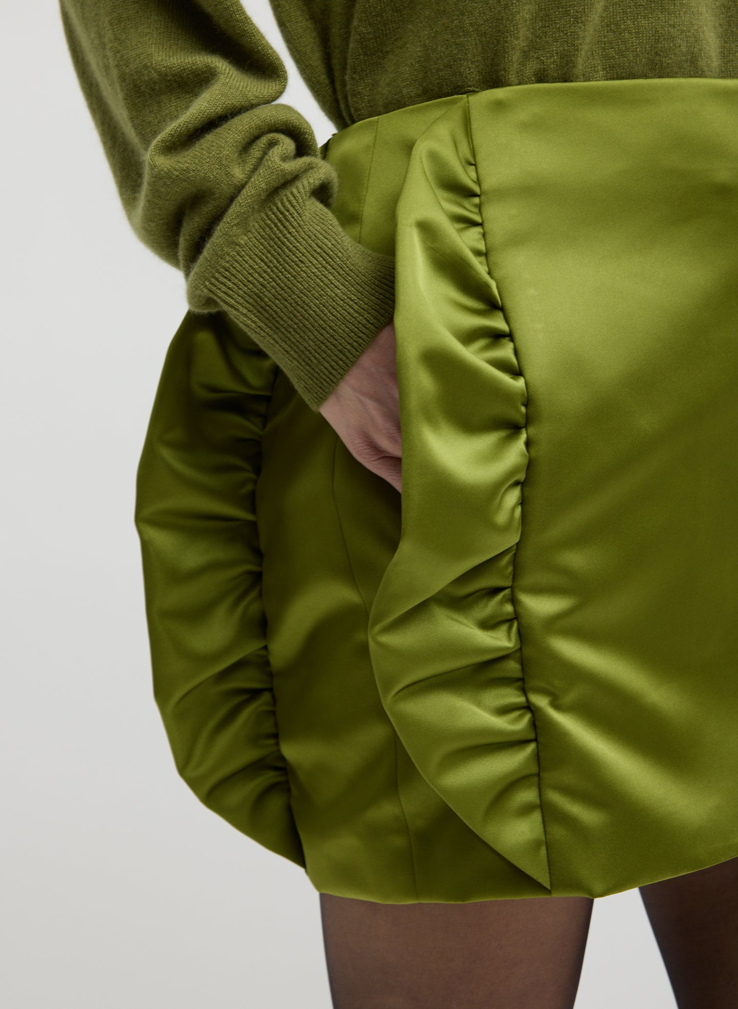 Ick Green Tech Satin Side Ruffle Mini Skirt - closeup of side pocket detail